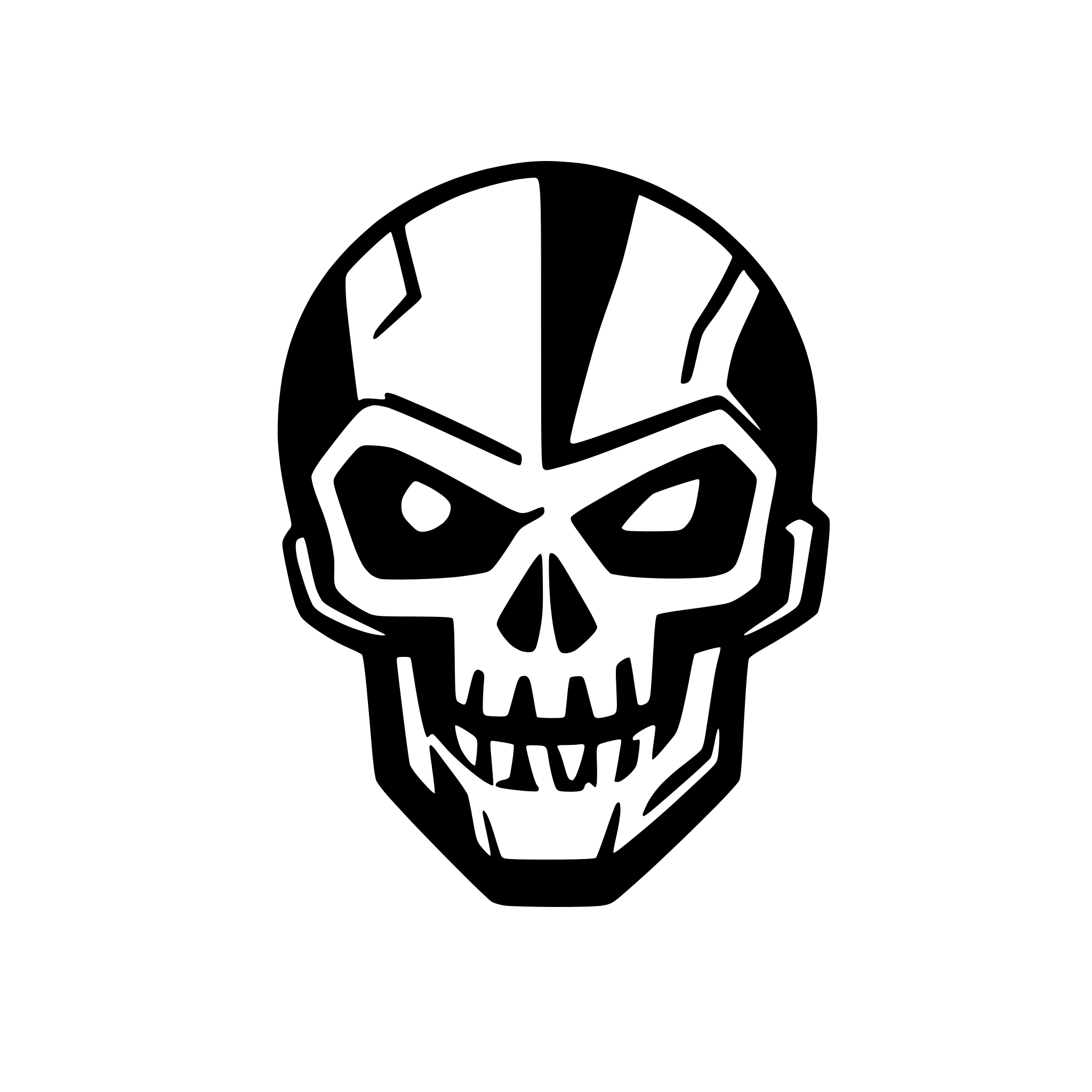 AI-generated SVG of a a simplified warhammer 40k servitor skull, grim malevolent  smiling. It's right eye was an ocular camera shutter device.