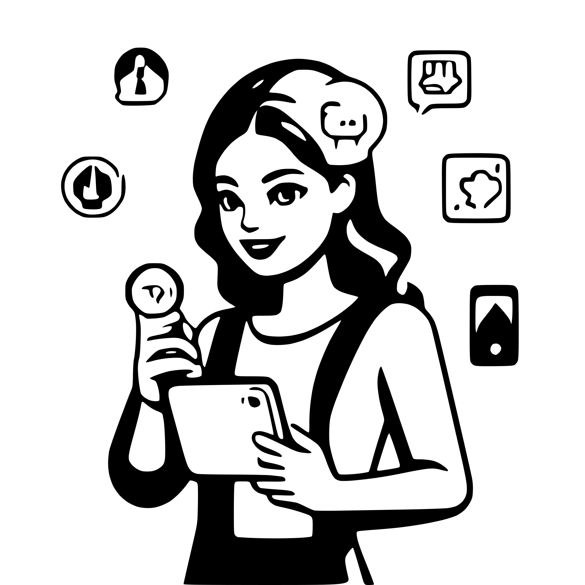 AI-generated SVG of a Flat icon style vector illustration of a young woman holding a phone, surrounded by chat bubbles, listing icons, and connection lines. Use #56A44B as primary accent color. Clean, minimal, business tech feel. No text