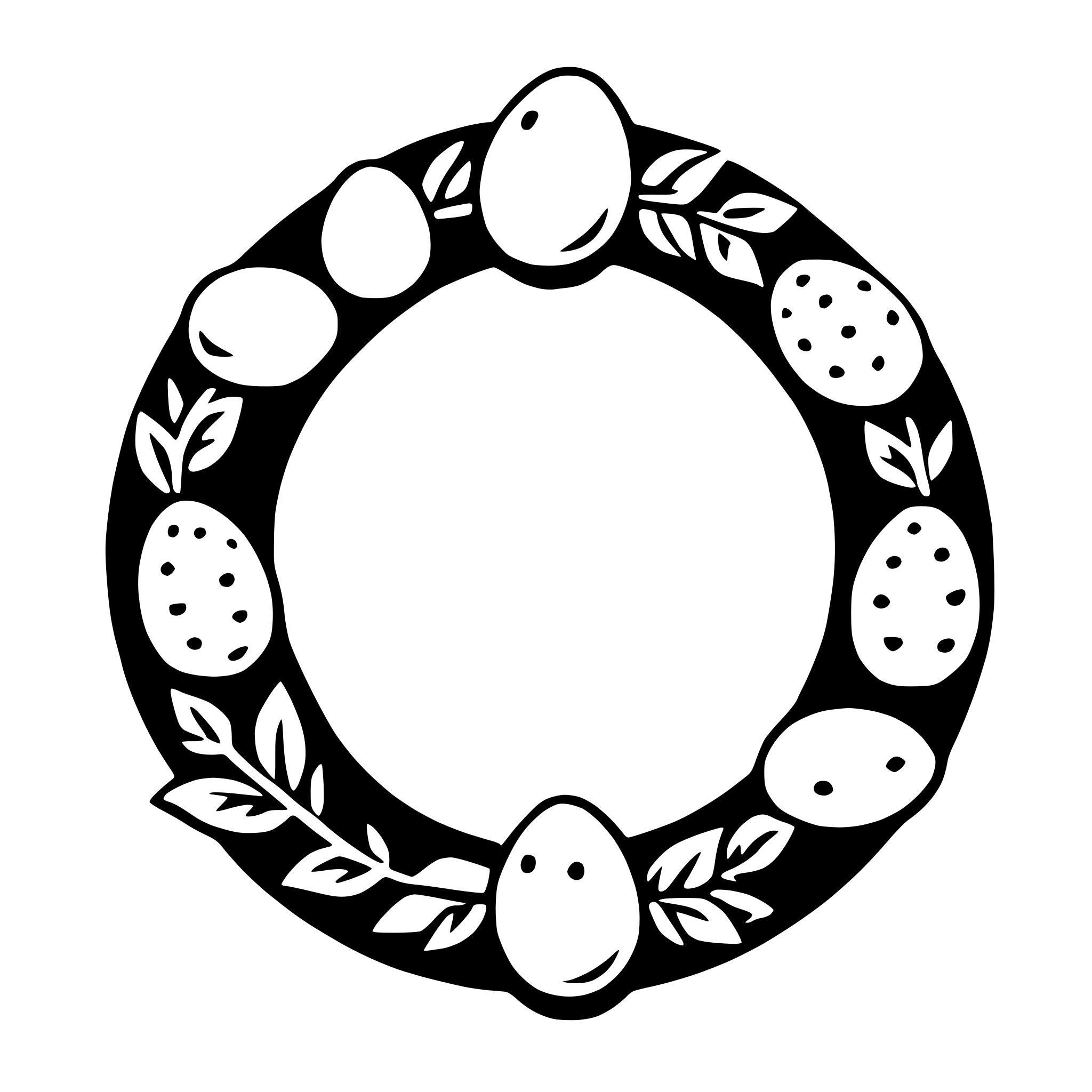 The SVG depicts a circular wreath with a central hole. The wreath is composed of a series of leaves and berries, arranged in a symmetrical pattern around the circumference of the circle. The leaves are stylized with a simple outline, and the berries are represented by small circles with a dot in the center, suggesting a textured surface. The overall design is simple and decorative, with a clear and uncluttered presentation. 