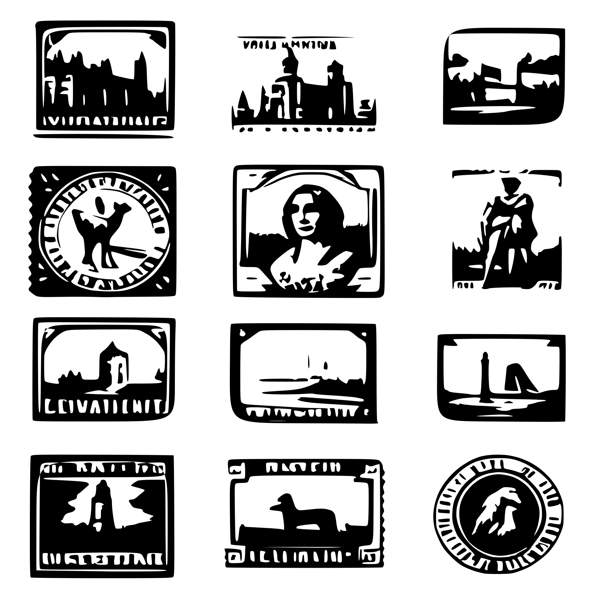 AI-generated SVG of a A collection of vintage postage stamps with intricate borders, perforated edges, and detailed designs. Some stamps are slightly overlapping, featuring classic themes like historical figures, landmarks, and wildlife. The colors are rich and slightly faded for an authentic look.