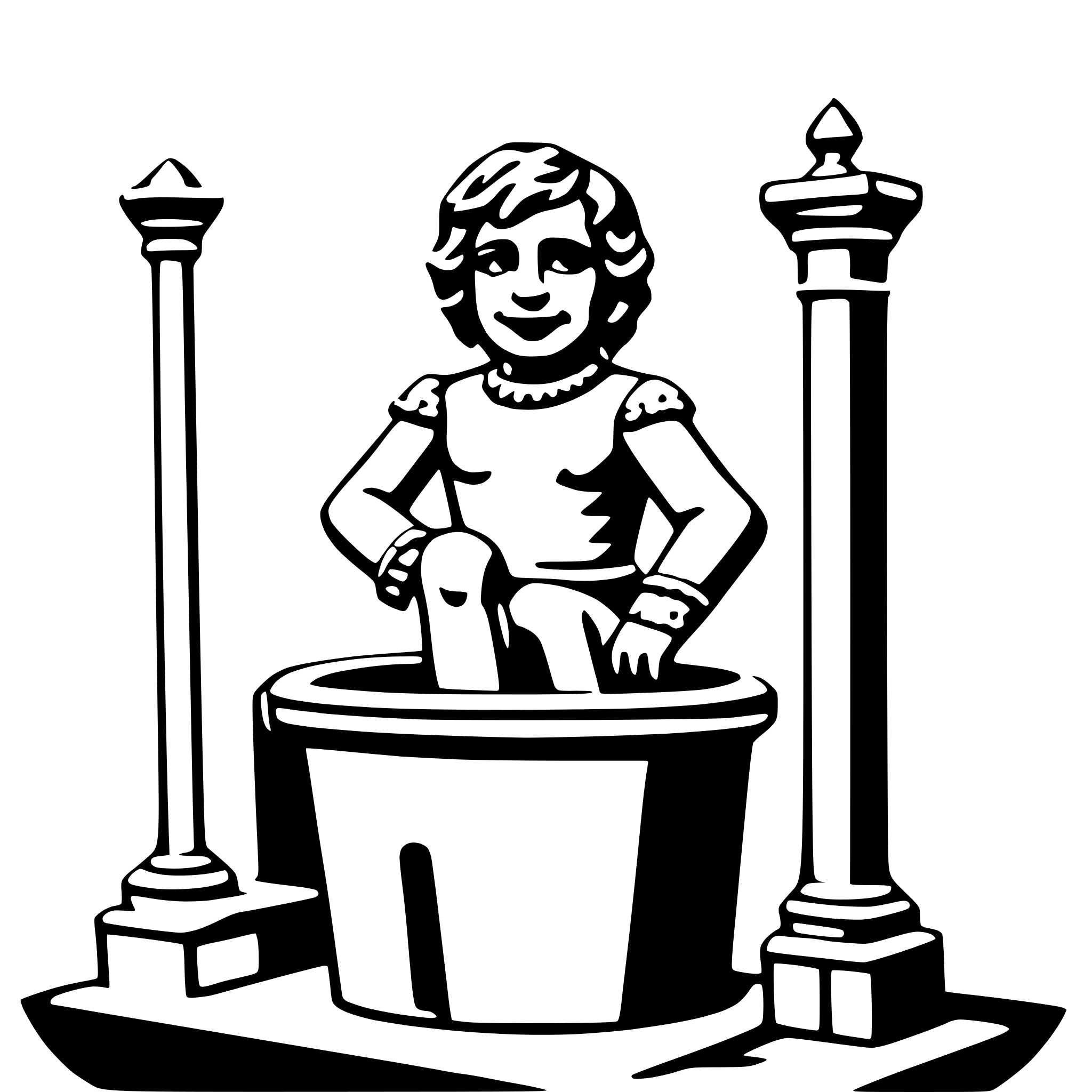 The SVG depicts a stylized, cartoon-like illustration of a young girl sitting in a large pot. She has curly hair and is wearing a dress with puffy sleeves. The girl is smiling and appears to be enjoying her time in the pot. Behind her are two tall, slender columns with ornate tops, suggesting a classical or architectural setting. The pot is placed on a base that resembles a pedestal, and the entire scene is presented in a flat, two-dimensional style typical of vector graphics. 