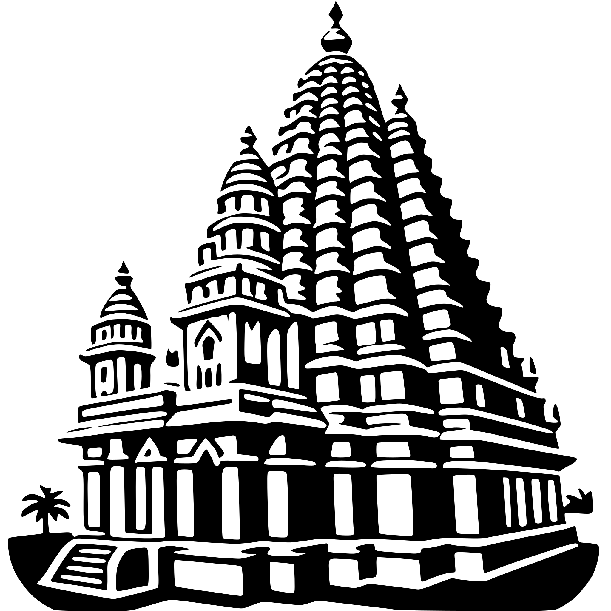 The SVG depicts a stylized temple complex with multiple tiers and levels. The central structure is the tallest, with a series of smaller towers descending in height. Each tower has a tiered design with ornate details and decorative elements, such as spires and finials. The temple is set against a plain background, and there is a small palm tree to the right side, suggesting a tropical location. The overall style is simplistic and graphic, with clean lines and a lack of shading, which is typical for vector illustrations. 