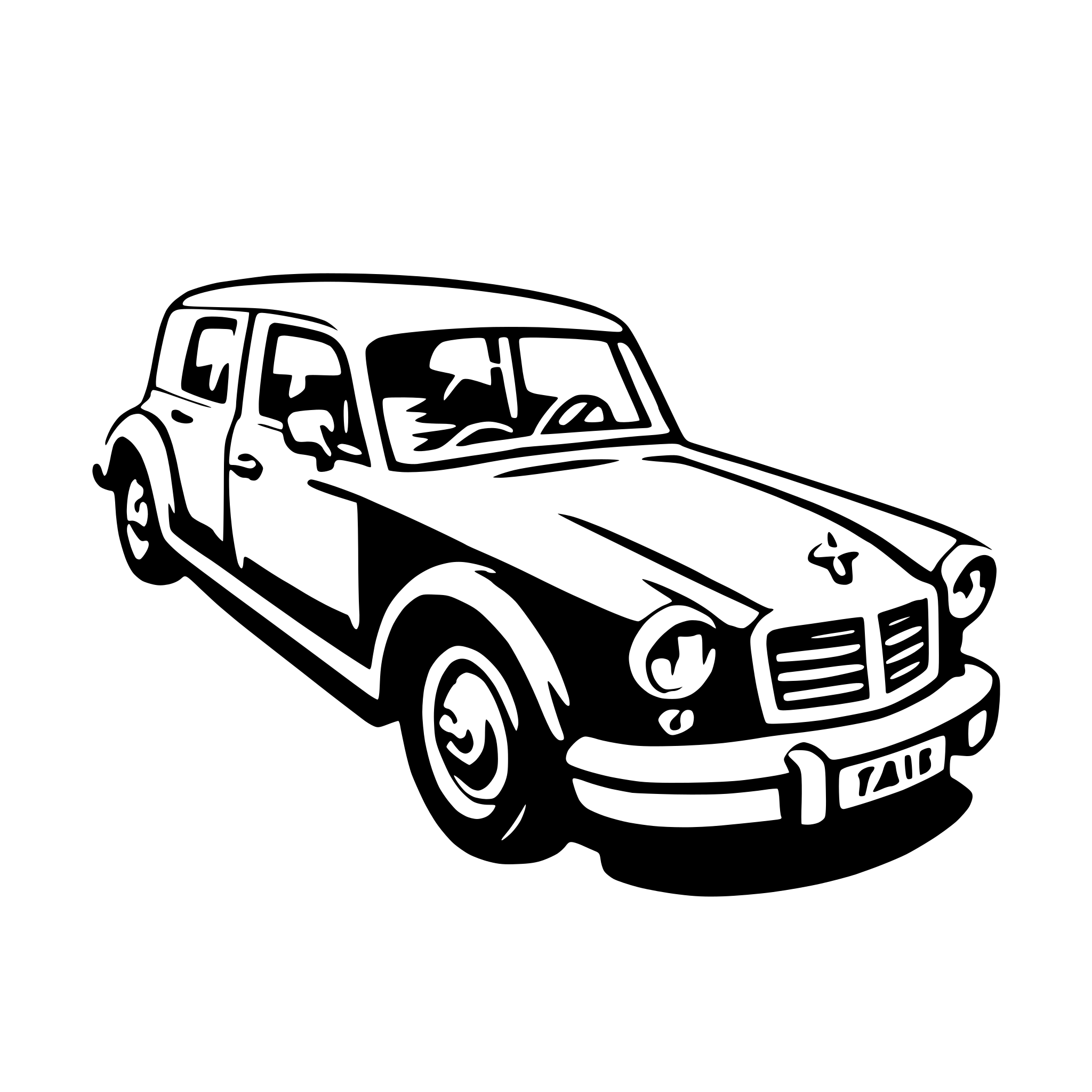 The SVG depicts a stylized, simplified black and white illustration of a car. The car is shown from a three-quarter front view, with the front wheel and part of the hood visible. The vehicle has a prominent grille, two headlights, and a single windshield. The car's design suggests a classic or vintage style, with rounded shapes and a lack of intricate details. The wheels have a simple hubcap design, and the car's body has a smooth, untextured surface. There are no visible texts or additional elements in the SVG. The car is the central object, and there is no interaction between the car and other objects, as it is the sole focus of the SVG. 