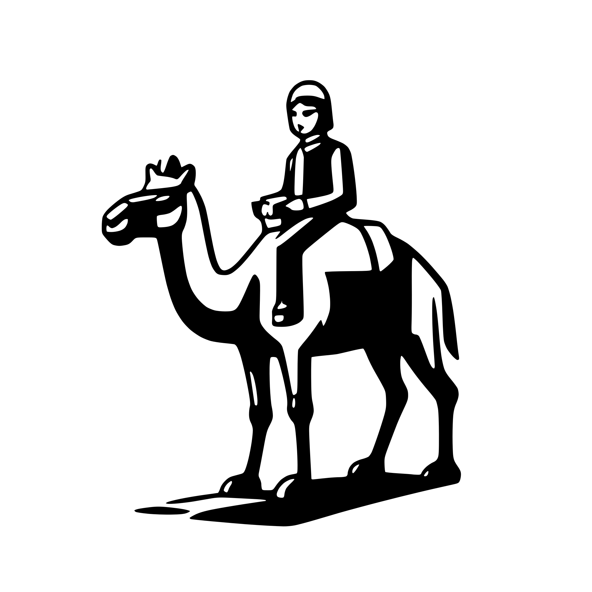 AI-generated SVG of a A logo with a camel and a camel rider. name: SilkByte. accent color: #1643E3