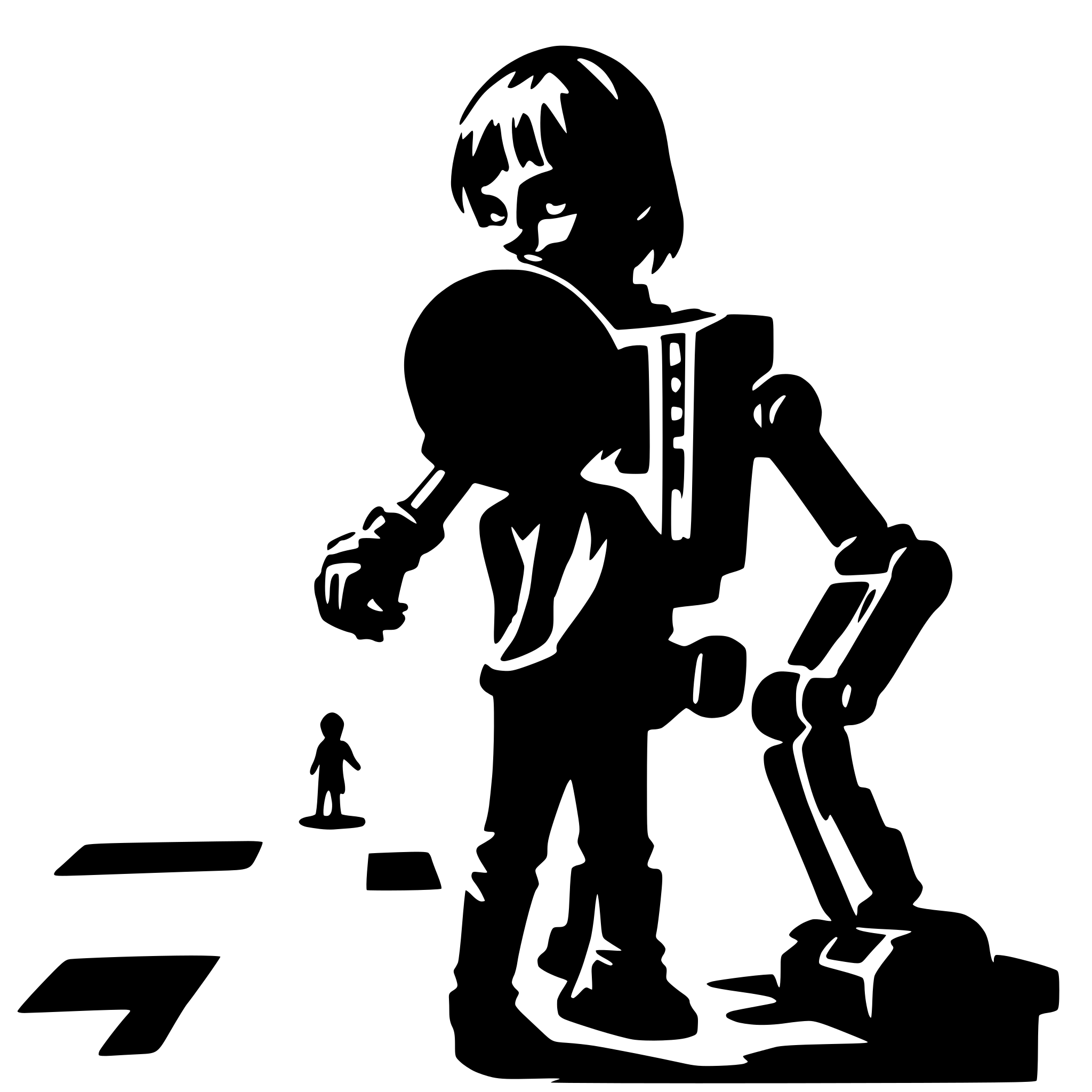 AI-generated SVG of a friendly boy playing with a robot. No background.