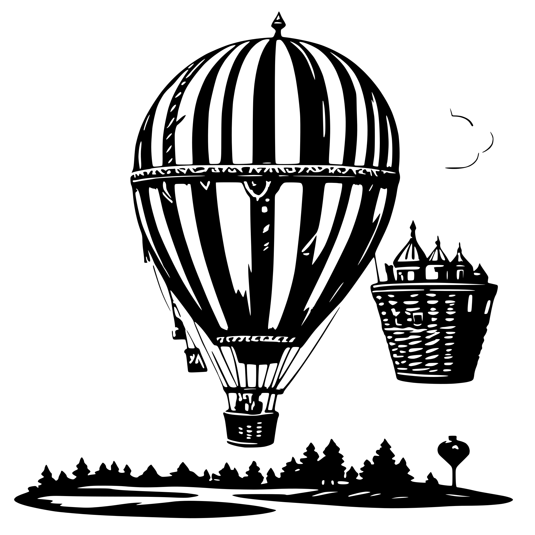 AI-generated SVG of a A black and white SVG illustration of a vintage hot air balloon. The balloon has intricate patterns on its surface, with a woven basket hanging below it. The ropes connecting the basket to the balloon are detailed, and the overall design has a steampunk aesthetic. The background features simple clouds to give a sense of elevation. AI-generated SVG of a A black and white SVG illustration of a vintage hot air balloon. The balloon has intricate patterns on its surface, with a woven basket hanging below it. The ropes connecting the basket to the balloon are detailed, and the overall design has a steampunk aesthetic. The background features simple clouds to give a sense of elevation.