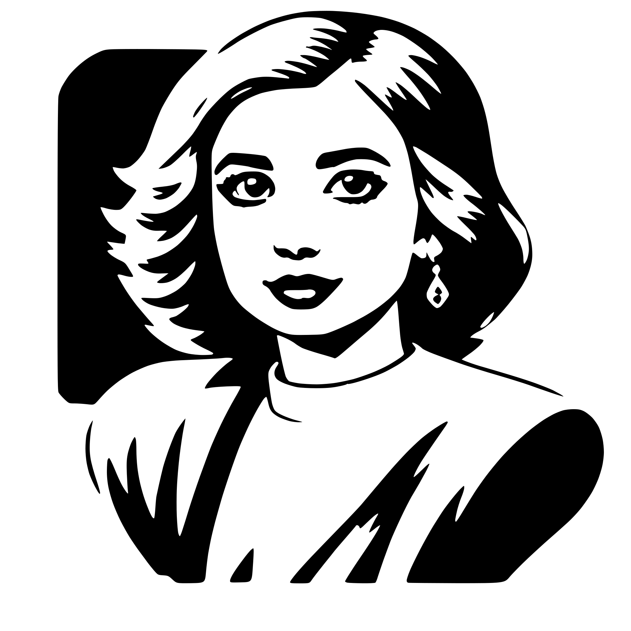 The SVG is a black and white vector illustration of a woman's profile. The woman has short, wavy hair and is wearing a collared shirt with a V-neckline. She has a pair of earrings and is looking slightly to her right with a neutral expression. The style of the illustration is simplistic and stylized, with clean lines and minimal shading. The SVG is framed by a black border, which gives it a square shape. 