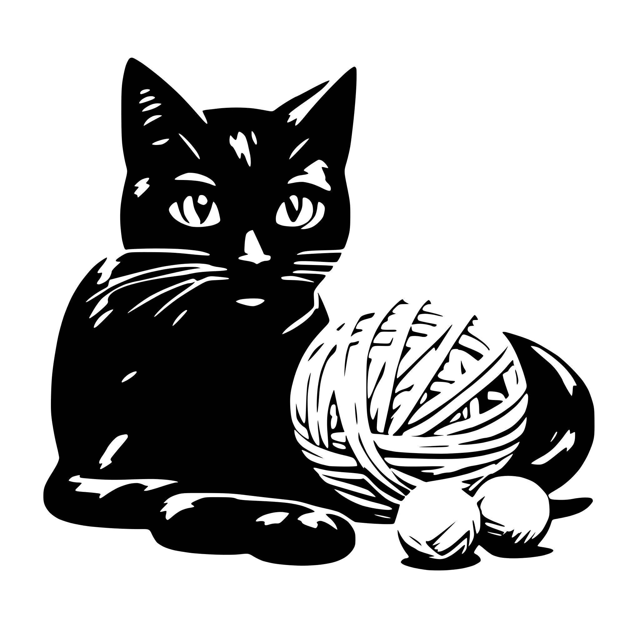 AI-generated SVG of a lying black cat with yarn ball in front