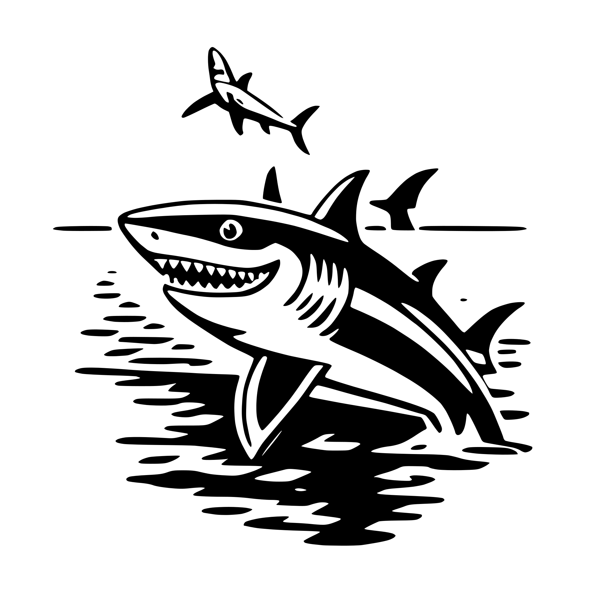 The SVG depicts a stylized shark in the foreground, with its mouth open and teeth visible, swimming in a body of water. In the background, there are two smaller sharks, one of which appears to be jumping out of the water. The sharks are illustrated in a simplified, cartoon-like manner with bold outlines and minimal shading. The water is represented by a series of ripples and waves, suggesting movement and the presence of the sharks. The overall style is graphic and appears to be designed for a logo or icon. 