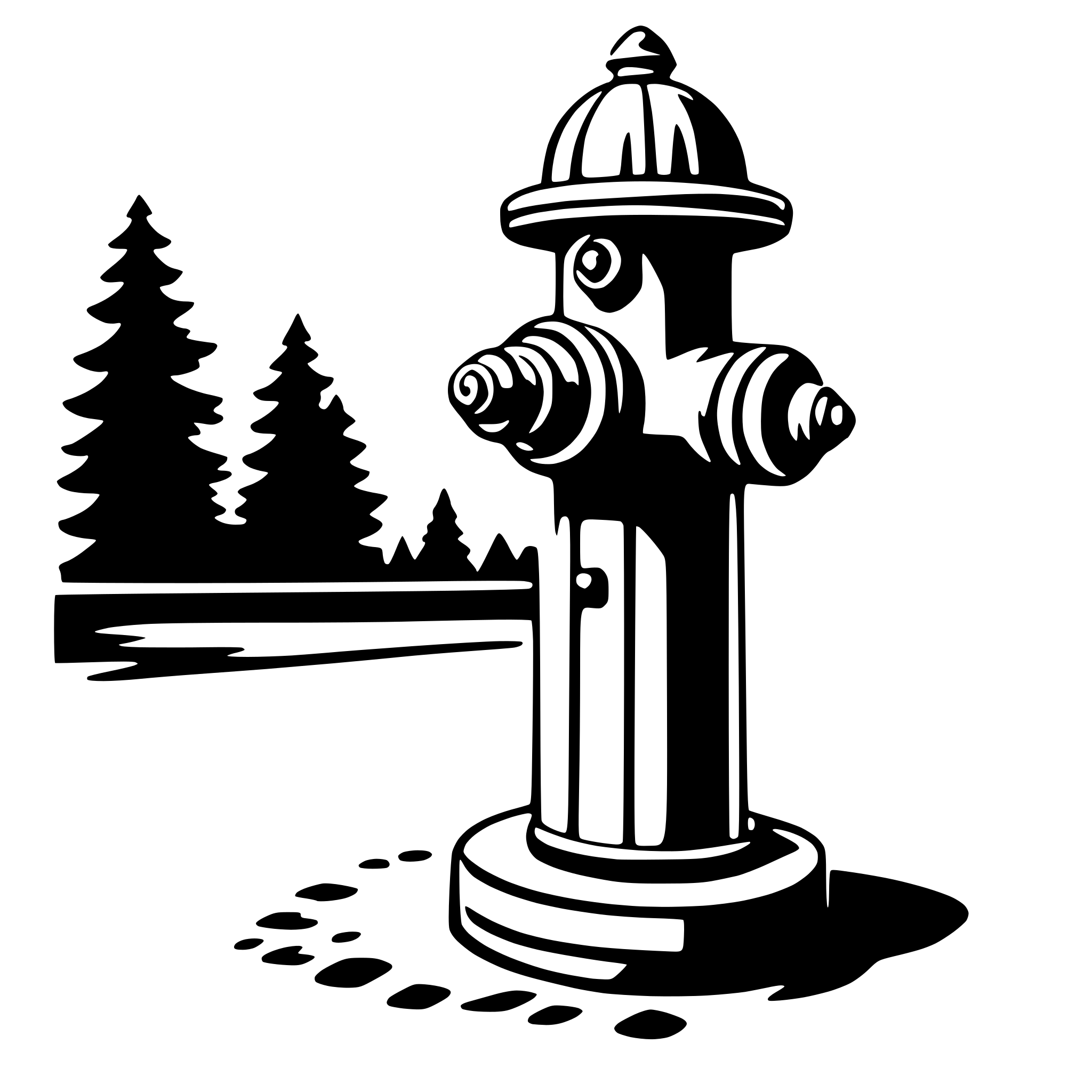 The SVG features a stylized black and white illustration of a fire hydrant and a forest scene. The fire hydrant is prominently positioned in the foreground, with its cap on top and two nozzles on the sides. It is depicted with a realistic style, showing the typical shape and details of a fire hydrant.

In the background, there is a simplified representation of a forest. This includes silhouettes of trees and a path or road leading into the trees. The trees are depicted with varying heights, suggesting a natural, wooded environment.

The fire hydrant and the forest scene are separate elements in the SVG, with the hydrant in the foreground and the forest in the background. There is no direct interaction between the two, as they are depicted in a way that suggests they are in different planes or depths. The fire hydrant is a man-made object, while the forest is