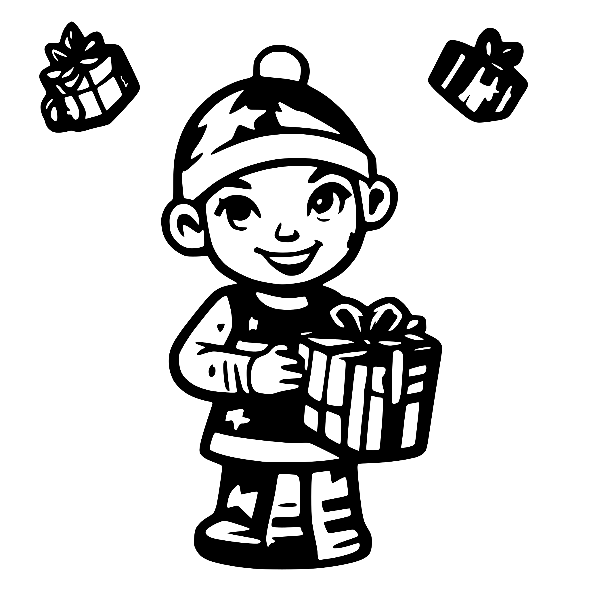 AI-generated SVG of a A cheerful cartoon character wearing a festive sweater stands against a bright blue background, holding a sign that says Merry Christmas in red cursive font. Surrounding the character are colorful wrapped gifts in various shapes and sizes, adorned with bows in red, green, and yellow.