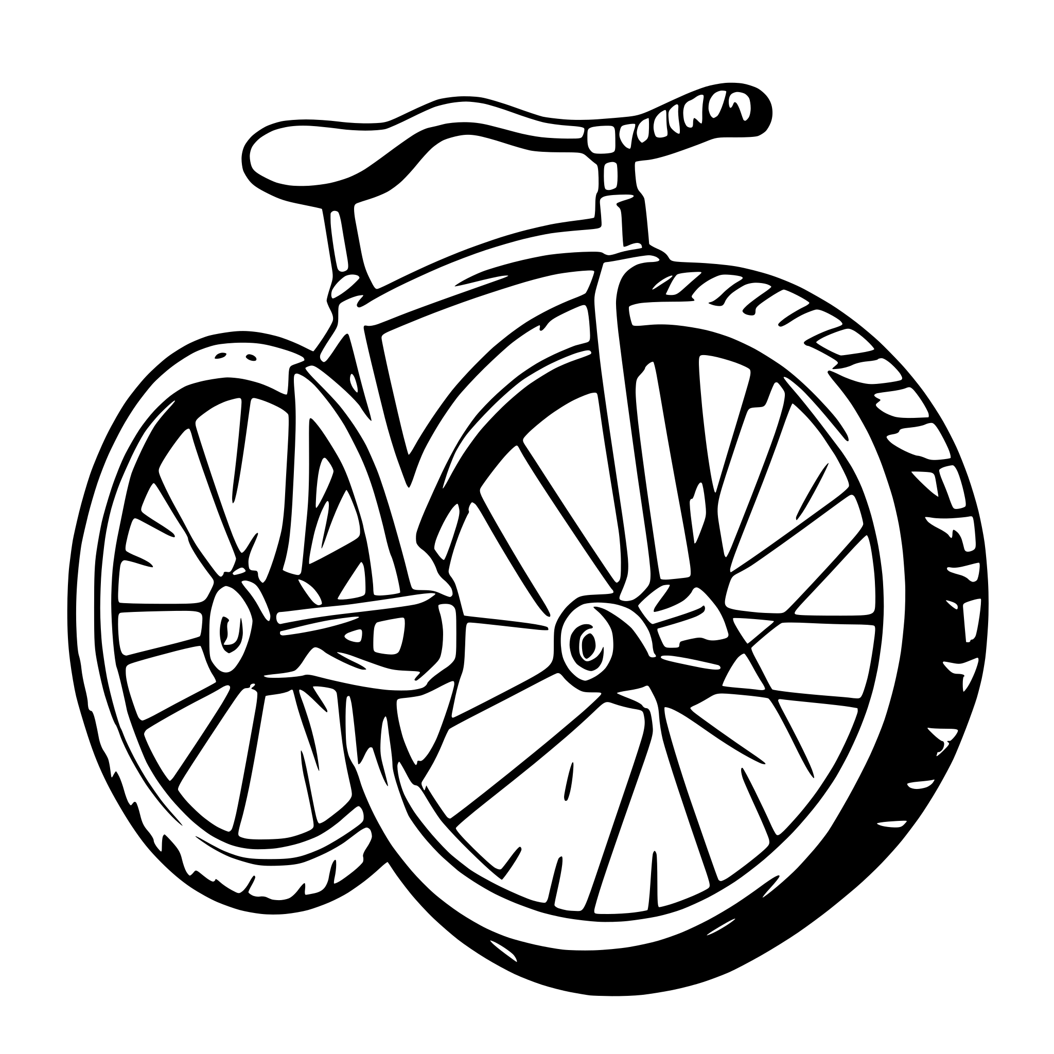 AI-generated SVG of a a bicycle wheel detailled with tires, rim, hub, spokes, and colors, used in a js animation