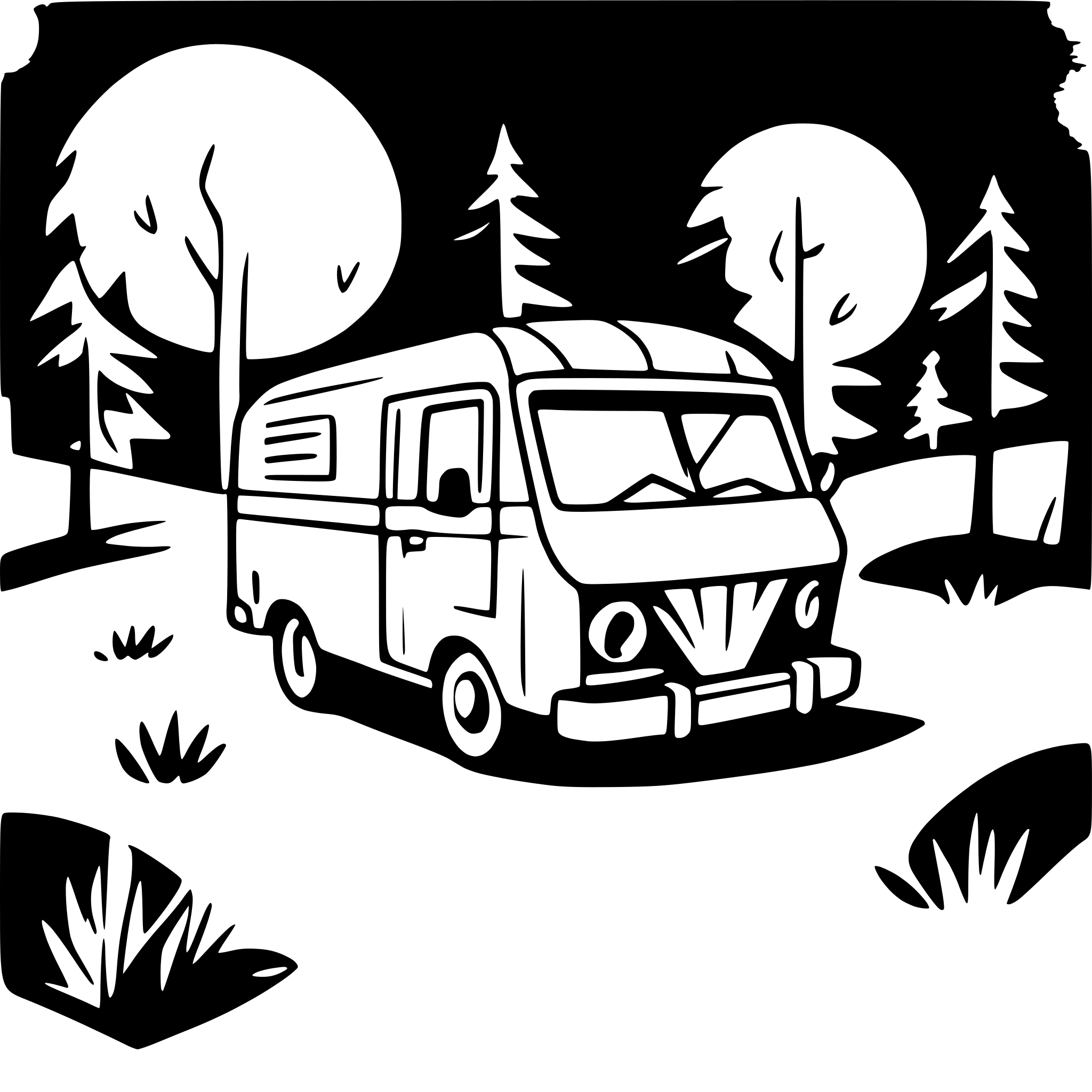 AI-generated SVG of 'A cute, simple illustration of a camper van pulling into a campground. Long shot, side viewpoint.'