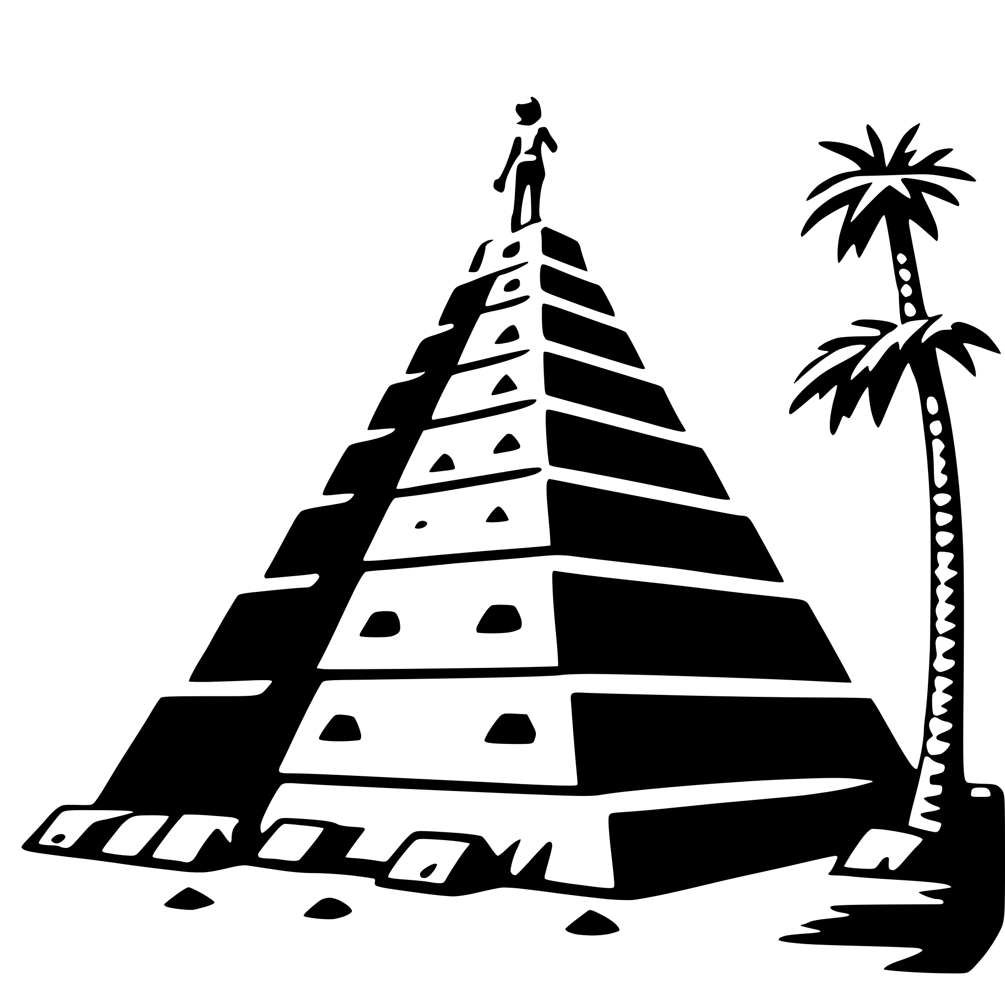 The SVG depicts a stylized pyramid with a person standing at the top, silhouetted against the sky. The pyramid is composed of several layers, each decreasing in size as it ascends. At the base of the pyramid, there is a palm tree on the left side, and a small patch of grass or ground on the right. The person appears to be looking out over the pyramid, suggesting a sense of achievement or contemplation. The overall style is minimalistic and uses negative space to create the silhouette of the pyramid and the person. 