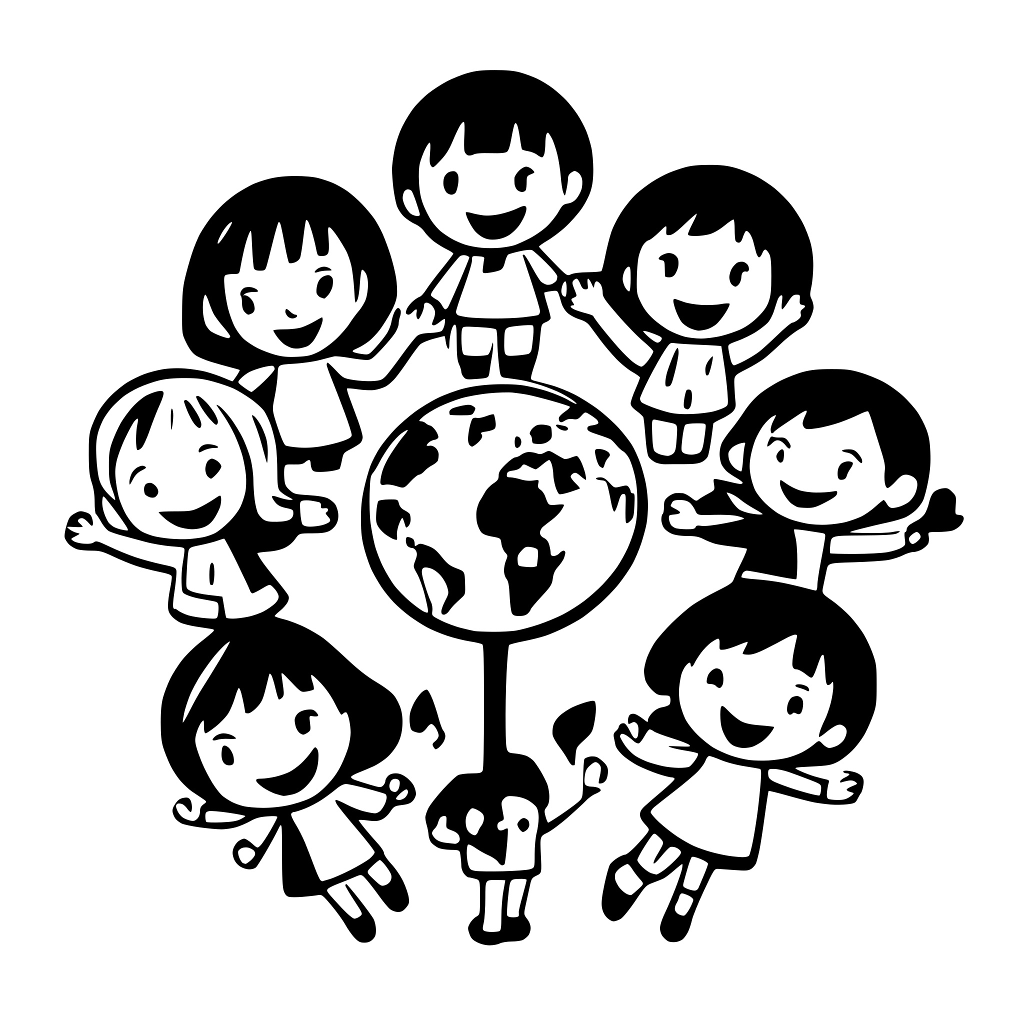 AI-generated SVG of a 10 children holding hands and the world
