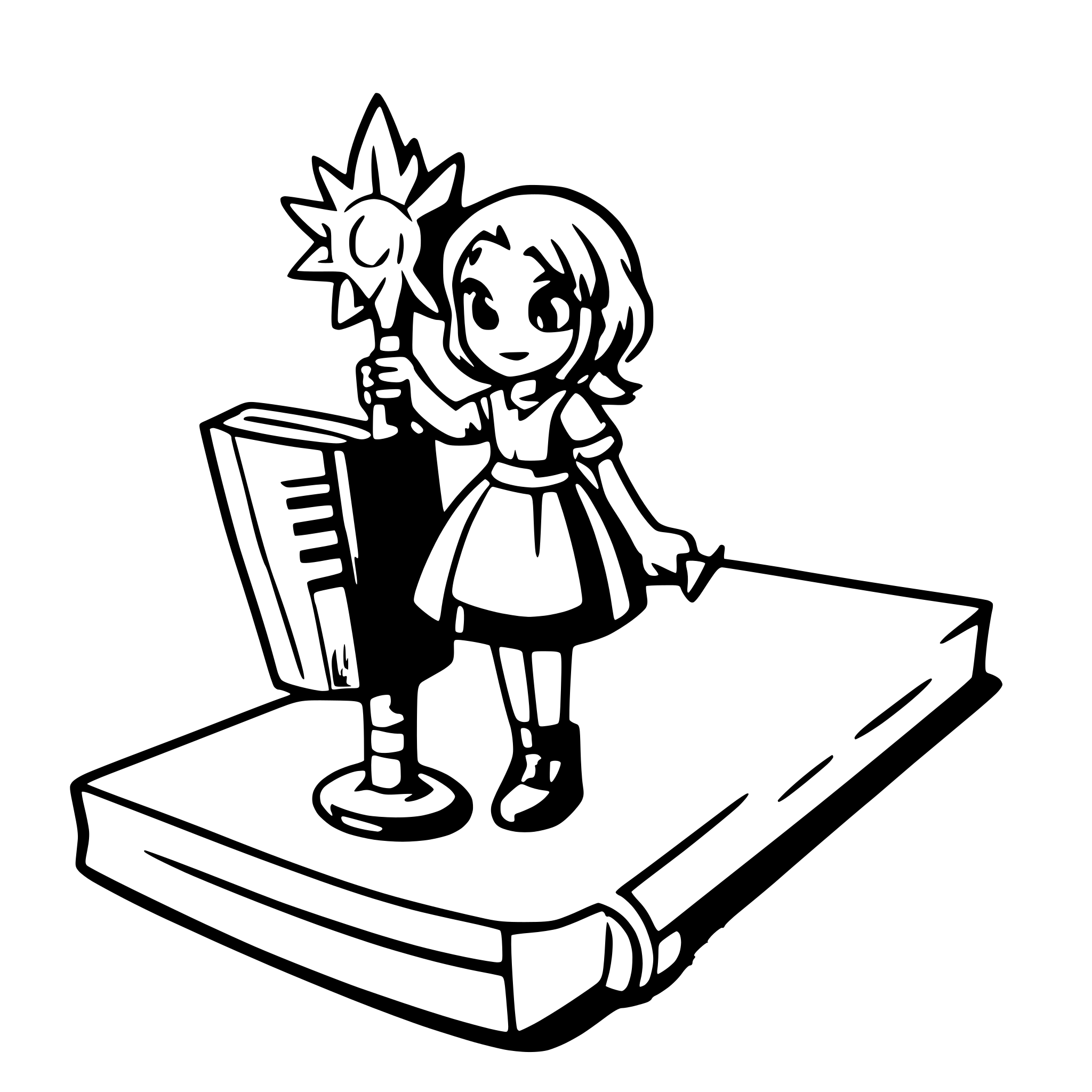 AI-generated SVG of 'a heroine holding a sword standing on top of a huge opened book, light like a sun over book'