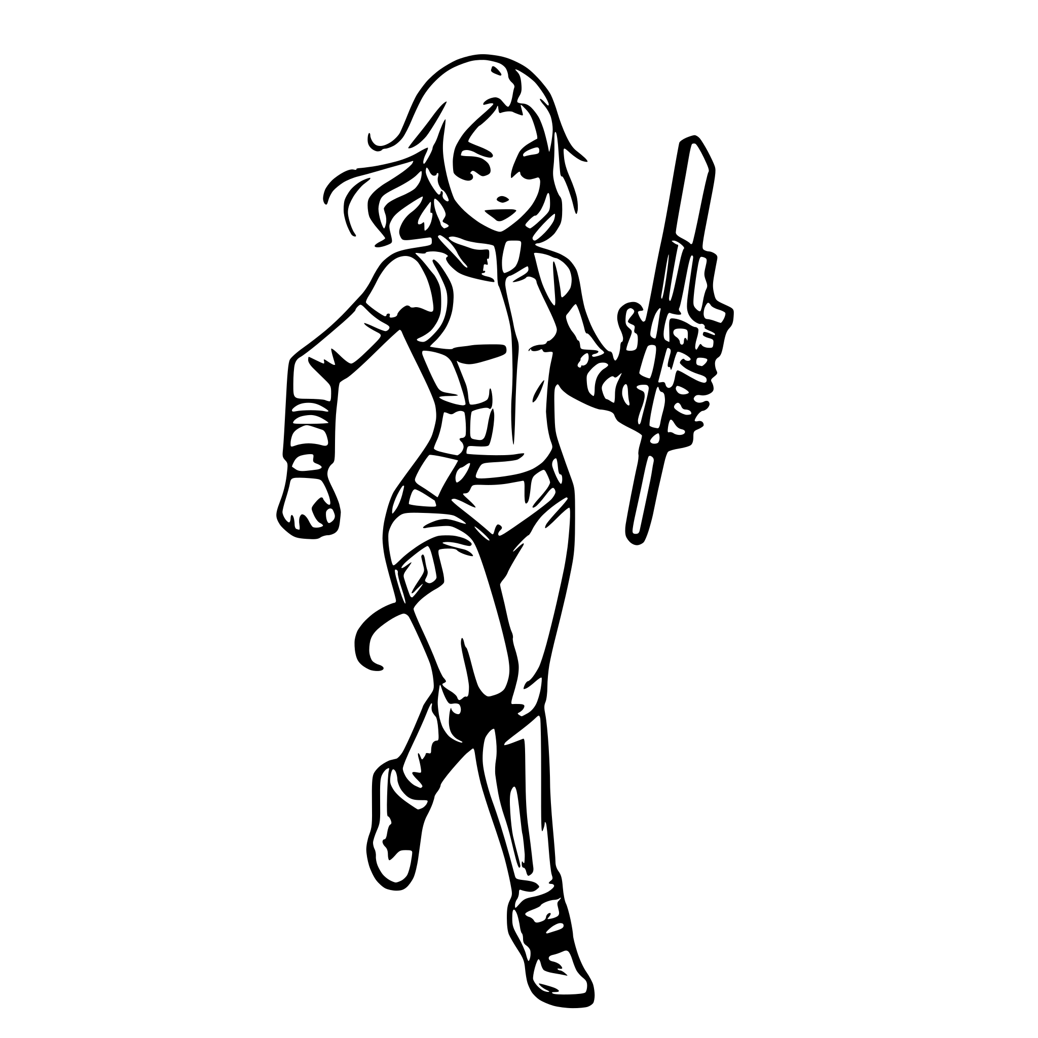 AI-generated SVG of a woman in a futuristic grey jumpsuit running with a futuristic weapon