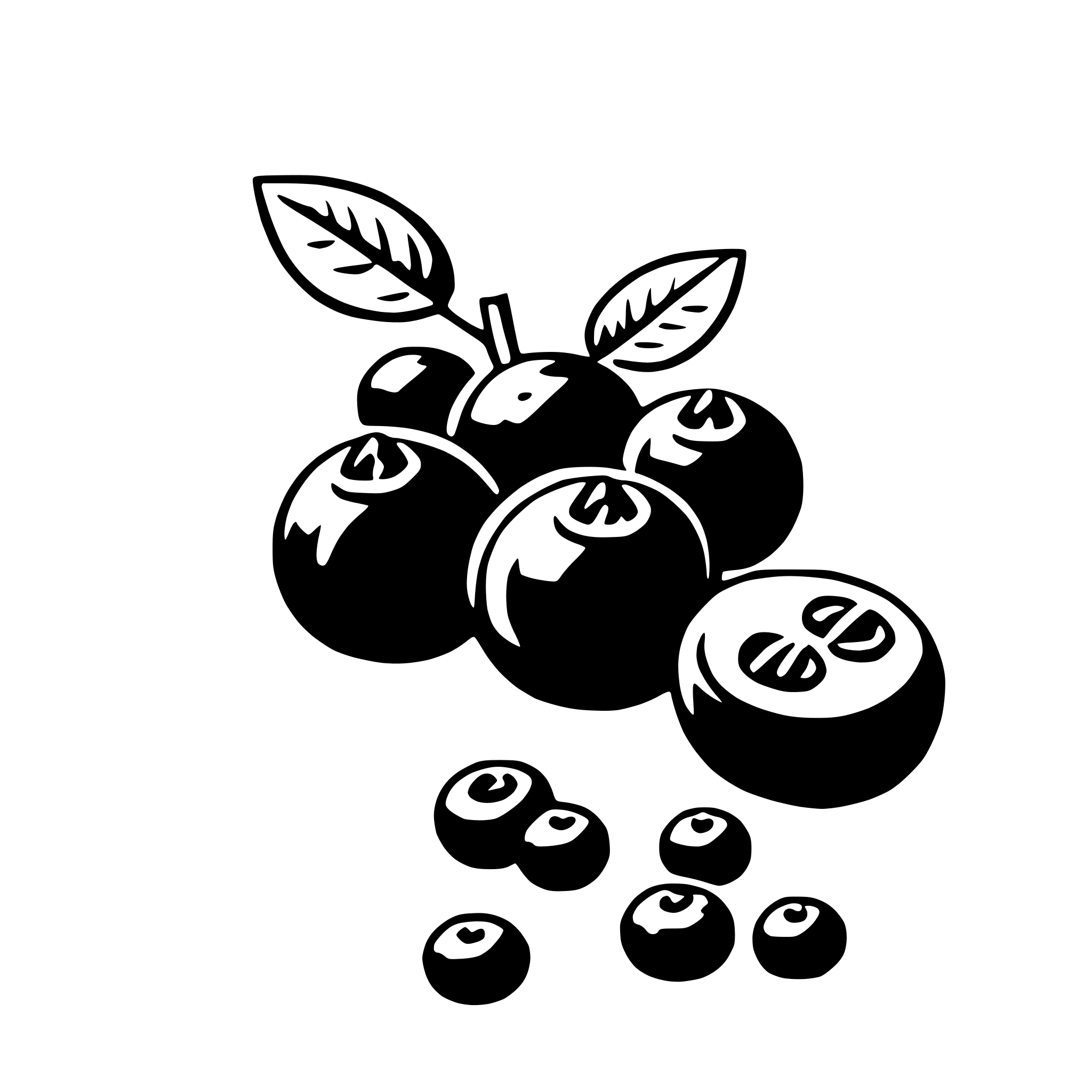 The SVG depicts a stylized illustration of a bunch of blackberries with green leaves. The blackberries are clustered together, and there are a few that have fallen off the main bunch, lying on the ground. The leaves are detailed with a few veins, and the berries have a simple, rounded shape with a small stem at the top. The overall style is minimalistic and cartoonish. 