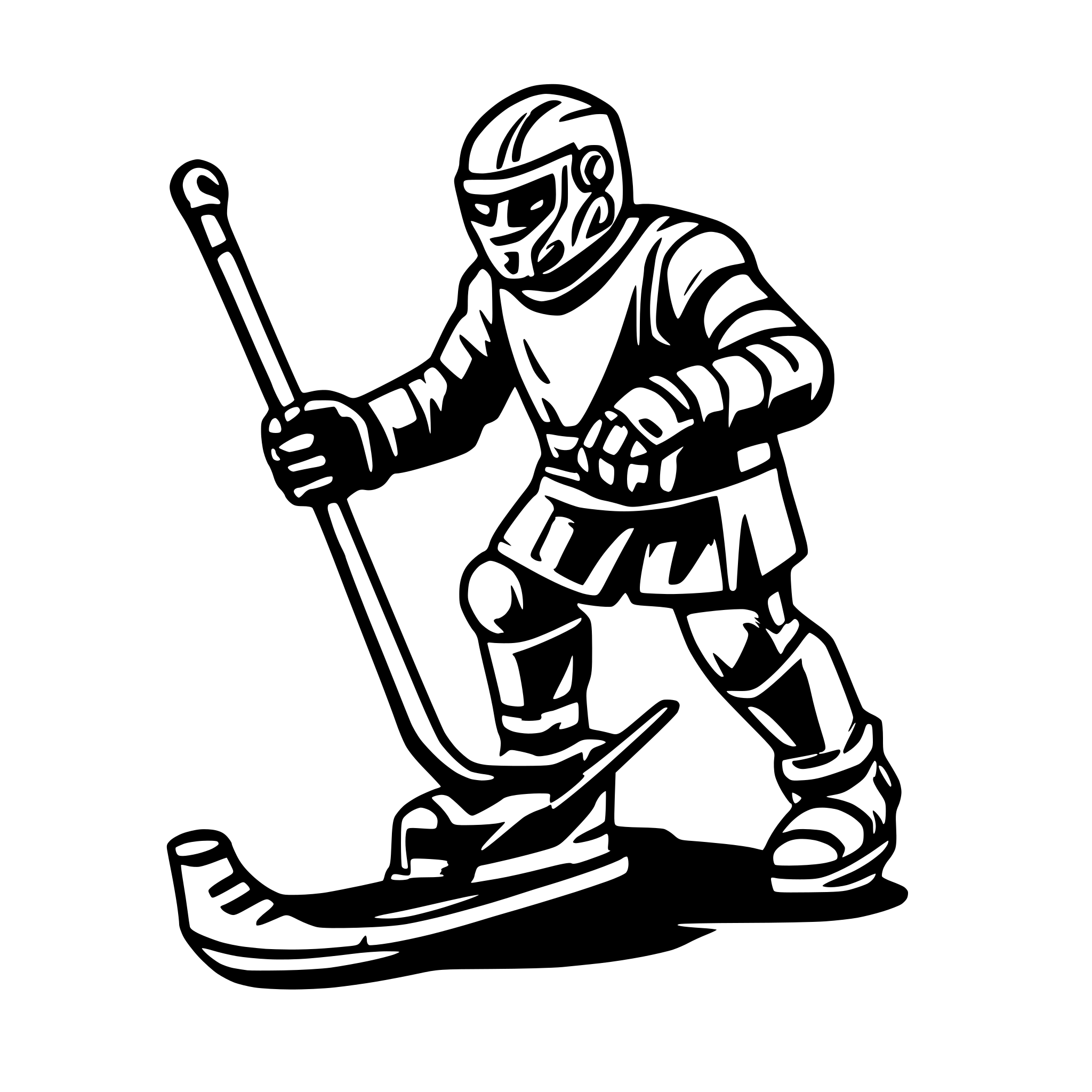 AI-generated SVG of a robot playing ice hockey shooting a puck and his stick breaks