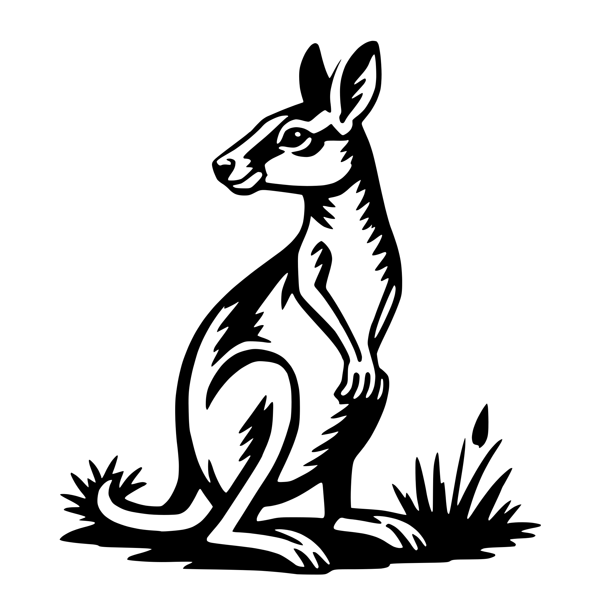The SVG depicts a stylized black and white illustration of a kangaroo. The kangaroo is standing on its hind legs, with its front paws raised slightly off the ground. It has a long, curved tail that extends behind it. The kangaroo's head is turned to the side, and it appears to be looking forward. The background is plain and does not provide any additional context or details. The SVG is simple and does not contain any other objects or interactions. 
