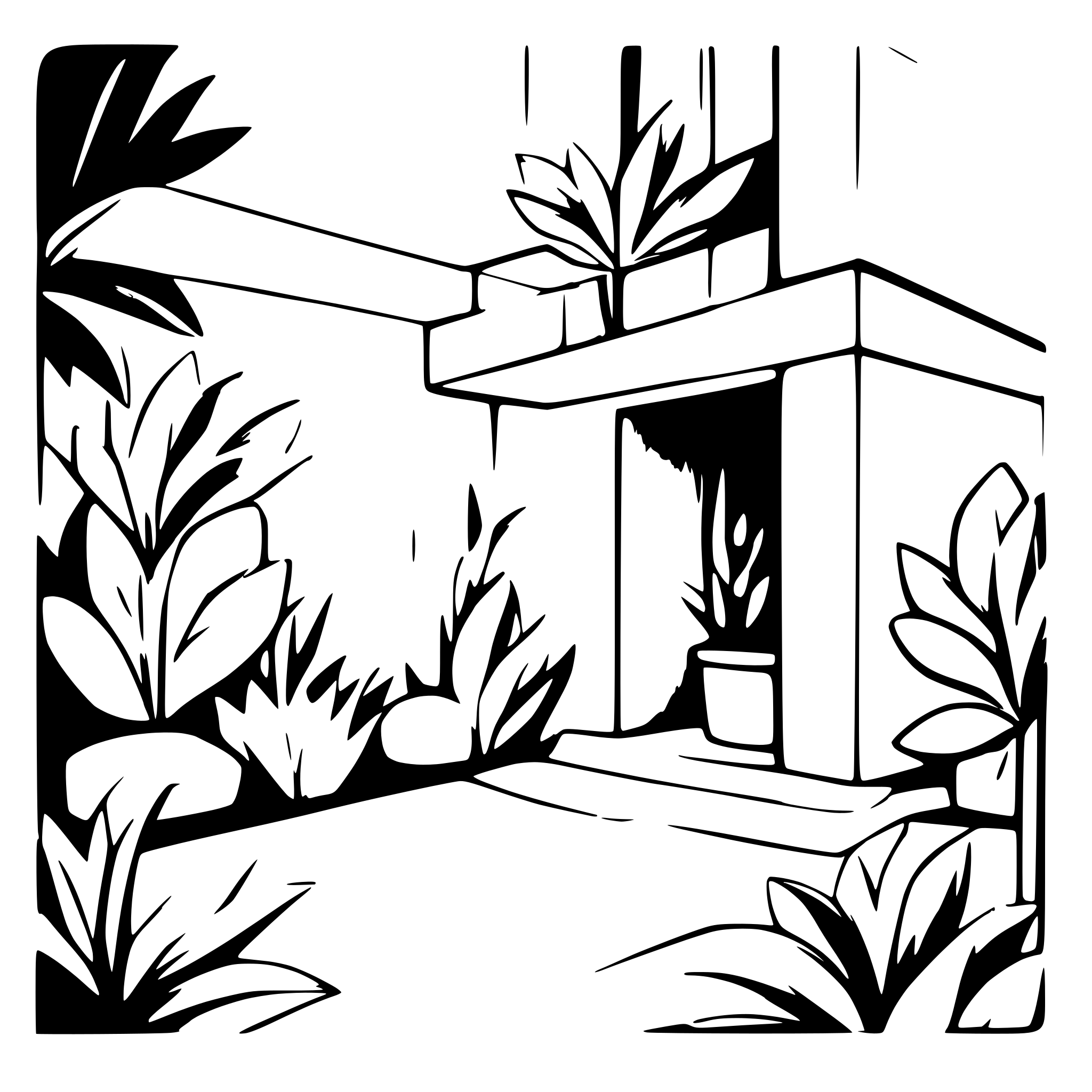 AI-generated SVG of a Delicate line art depicting a private courtyard with landscaped greenery. Thin, continuous lines, minimalist, elegant, and intimate design