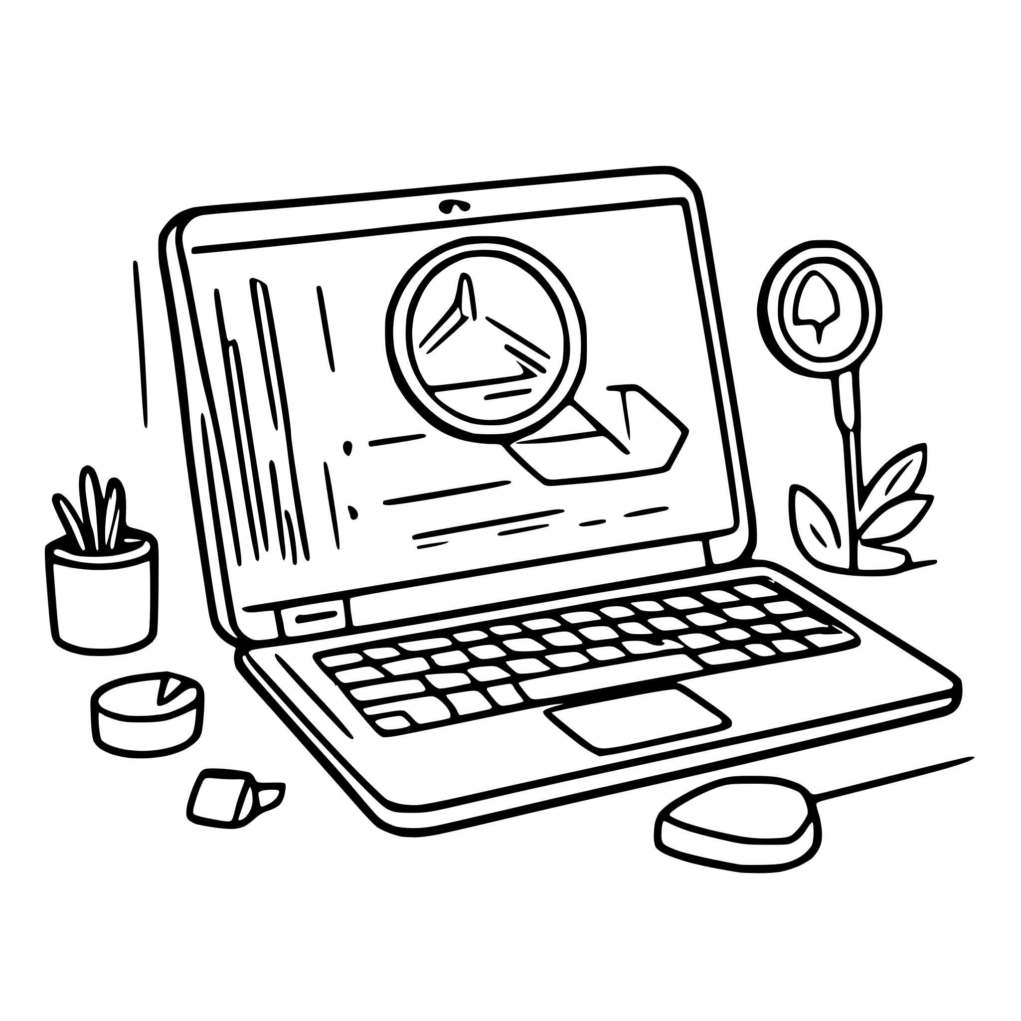 AI-generated SVG of 'A laptop displaying the SUBI dashboard, highlighting metrics like DSCR, ROI, and Payback Period. Surround the laptop with icons of a magnifying glass (analysis), handshake (negotiation), and clipboard (document generation).'