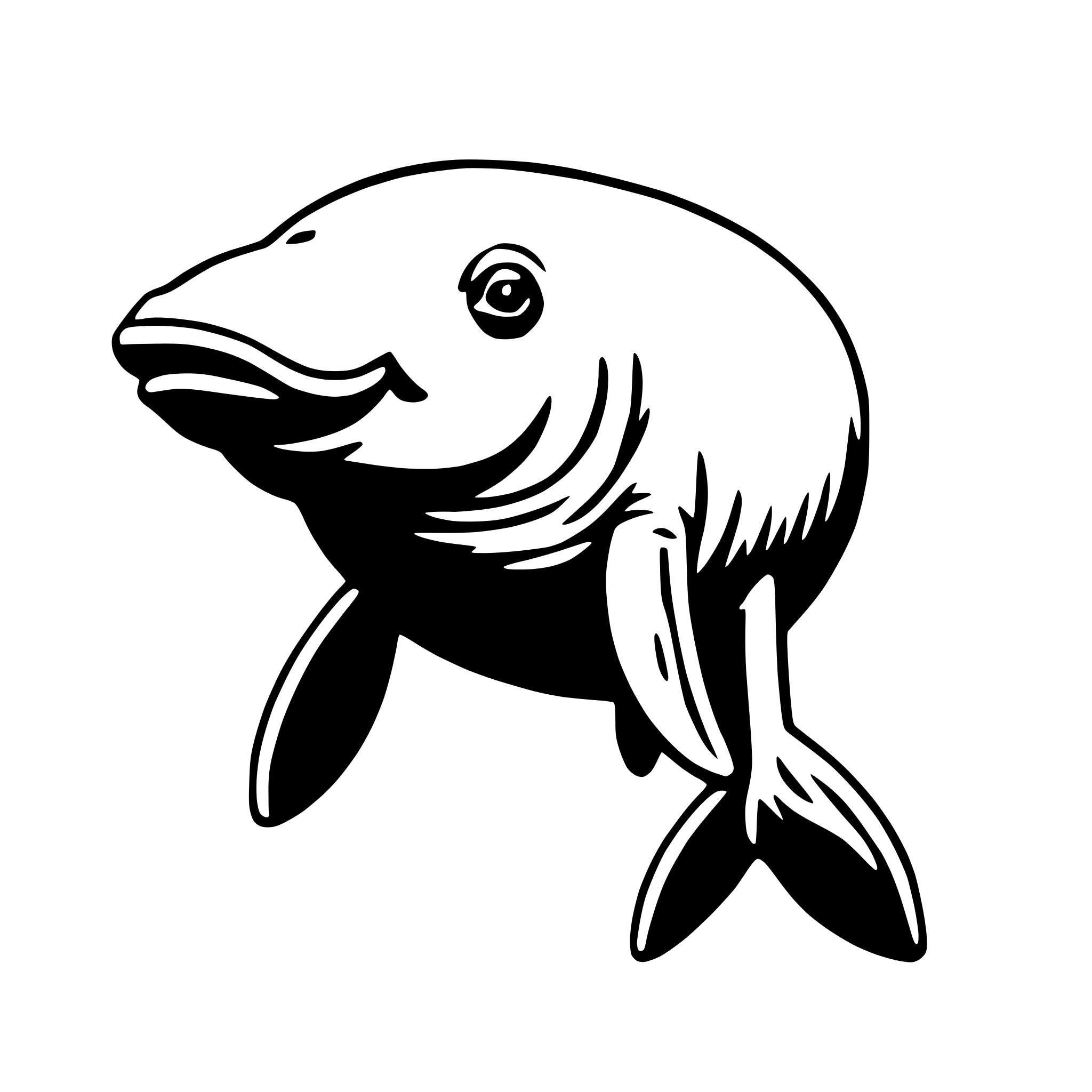 The SVG depicts a stylized, cartoon-like illustration of a fish. The fish is oriented horizontally, with its body elongated and its tail fin extended behind it. It has a large, round eye on the side of its head, and its mouth is open, revealing a set of teeth. The fish appears to be swimming, as suggested by the position of its tail fin. The SVG is simple and uses solid lines and shapes to define the fish's form. 