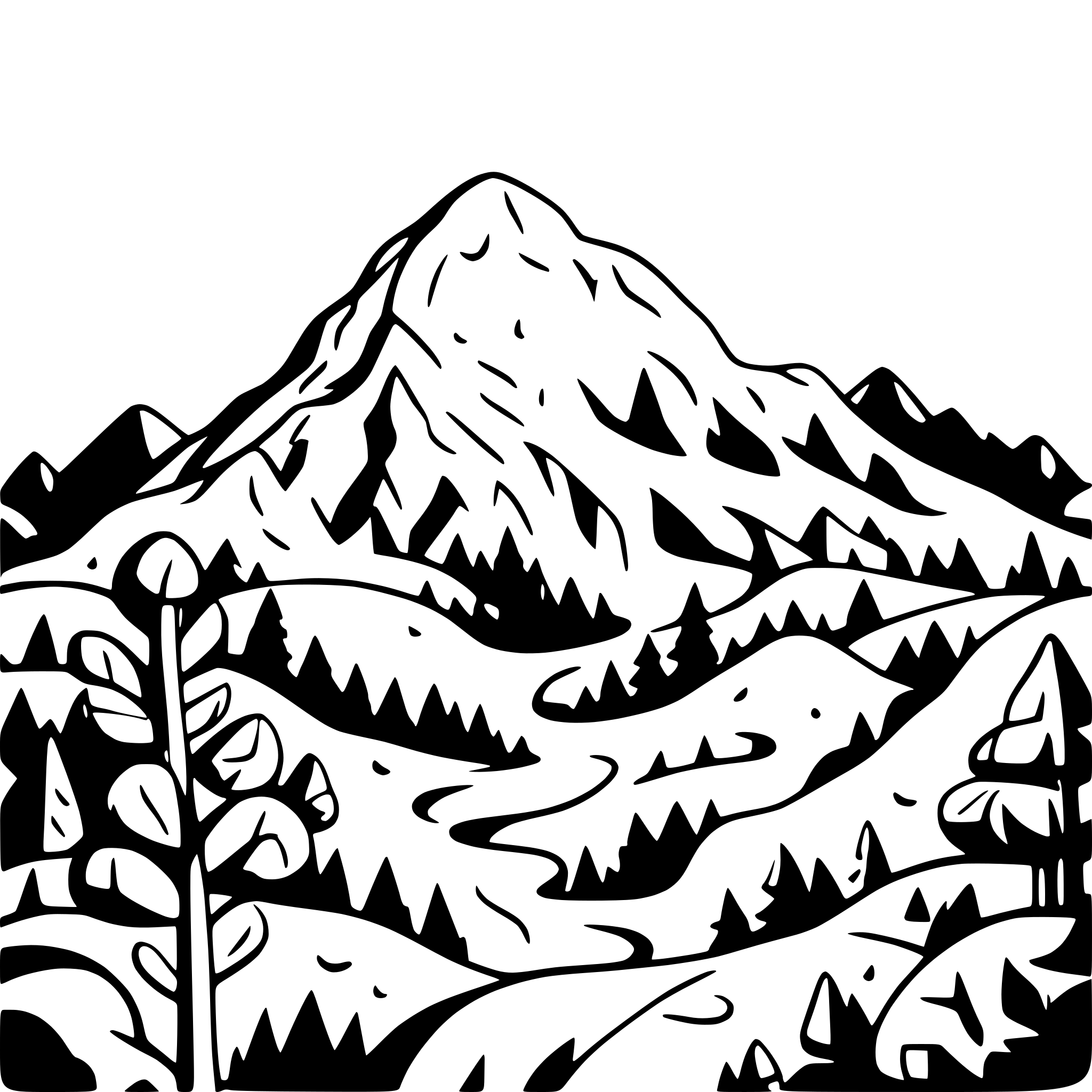 AI-generated SVG of a 3 mountains, trees, cartoony, clouds
