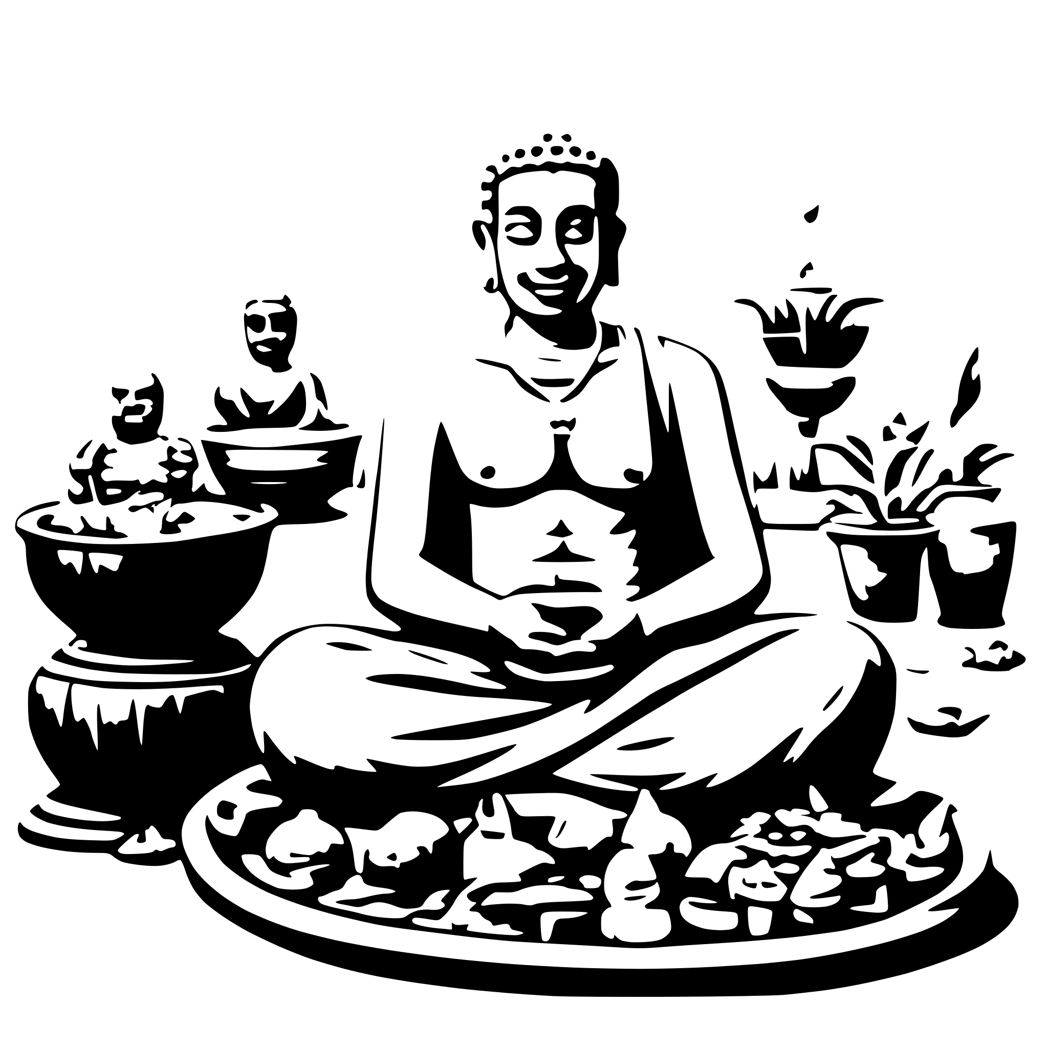 AI-generated SVG of 'Generate a happy laughing Buda sitting there and presenting his big belly. in front of him is a pot and a plate with leftovers'
