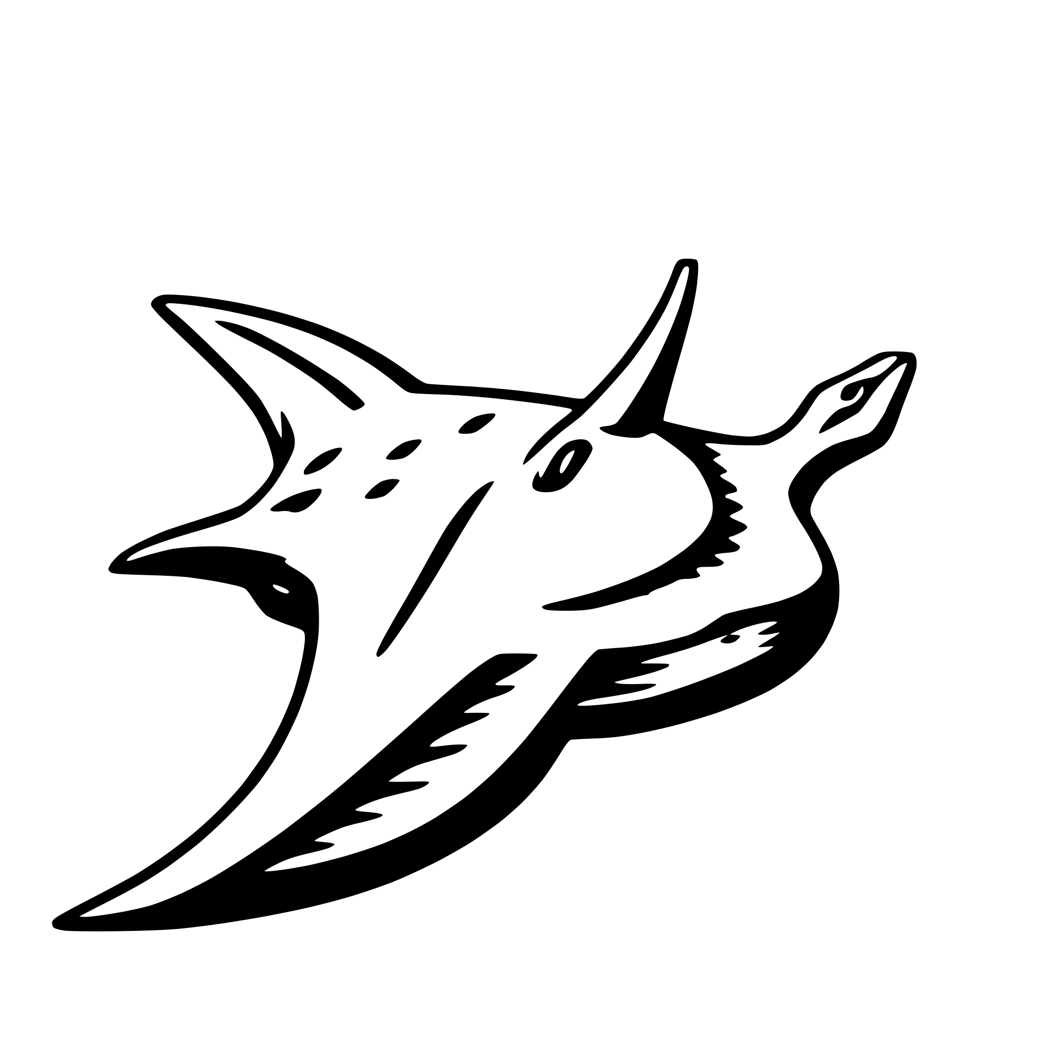 The SVG shows a stylized graphic of a fish. The fish has a prominent dorsal fin and a tail fin, both of which are elongated and pointed. The body of the fish is streamlined, with a smooth curve along its length. The eyes are depicted as small, round shapes, and the mouth is open, revealing a set of teeth. The overall style of the SVG is simple and cartoonish, with bold outlines and minimal shading. 