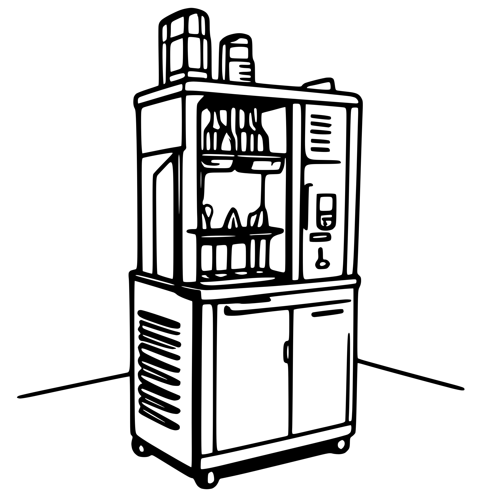 AI-generated SVG of 'Heladera mostradora moderna de acero inoxidable con múltiples compartimentos y estantes, incluyendo una sección de congelador en la parte inferior.Plano 3d vista de frente con 3 heladeras,Tipo industrial para farmacia'