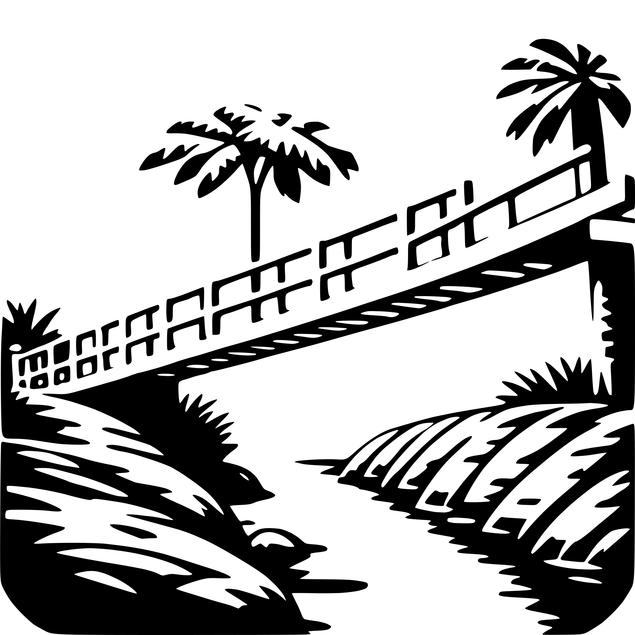 The SVG depicts a black and white illustration of a bridge crossing over a body of water. The bridge has a railing on one side and is supported by two pillars. On either side of the bridge, there are palm trees, suggesting a tropical or subtropical location. The water below the bridge appears calm, and there is a small island or landmass visible in the distance. The style of the illustration is simplistic and graphic, with clean lines and a limited color palette. 
