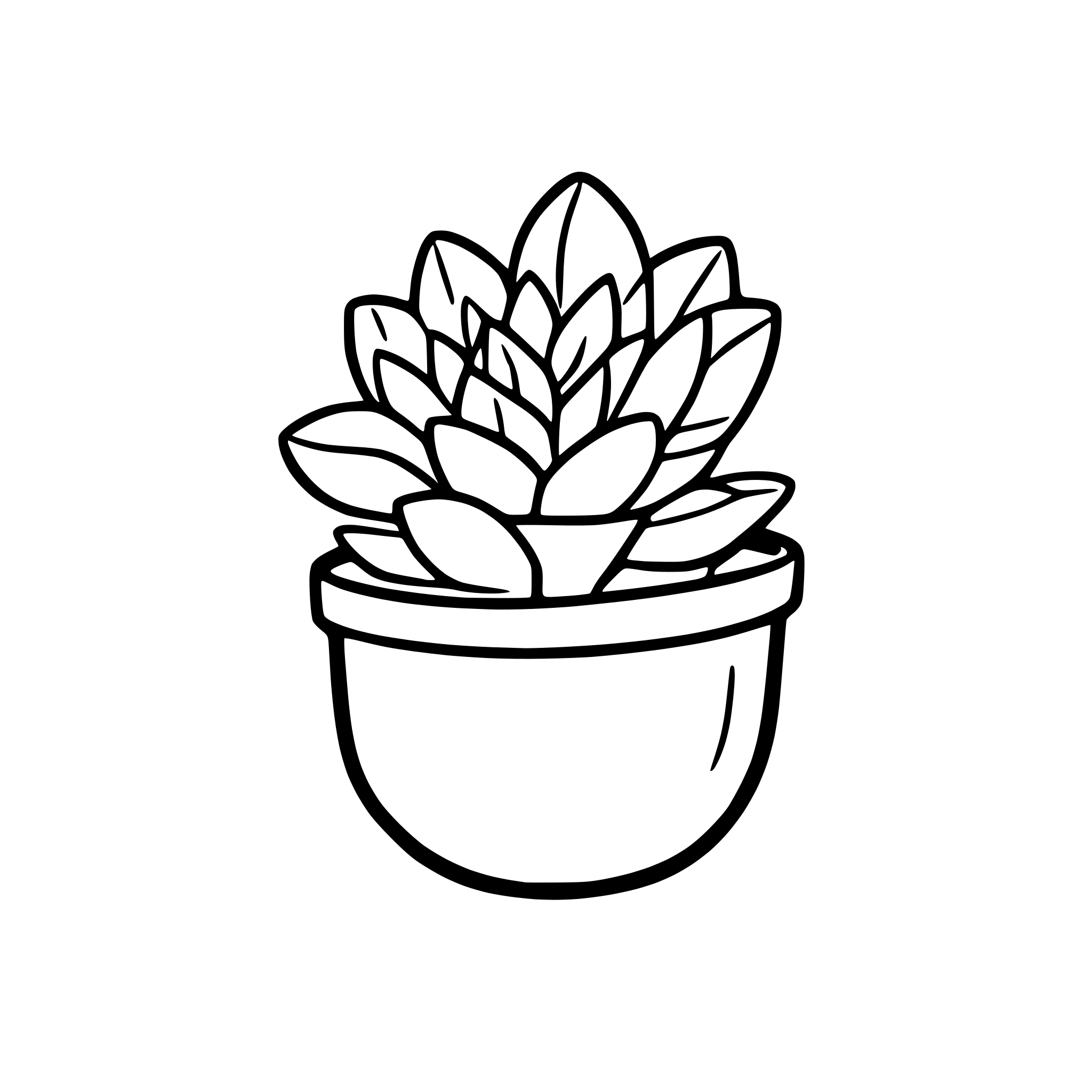 AI-generated SVG of a A black and white SVG of a small succulent plant with thick leaves in a round pot.