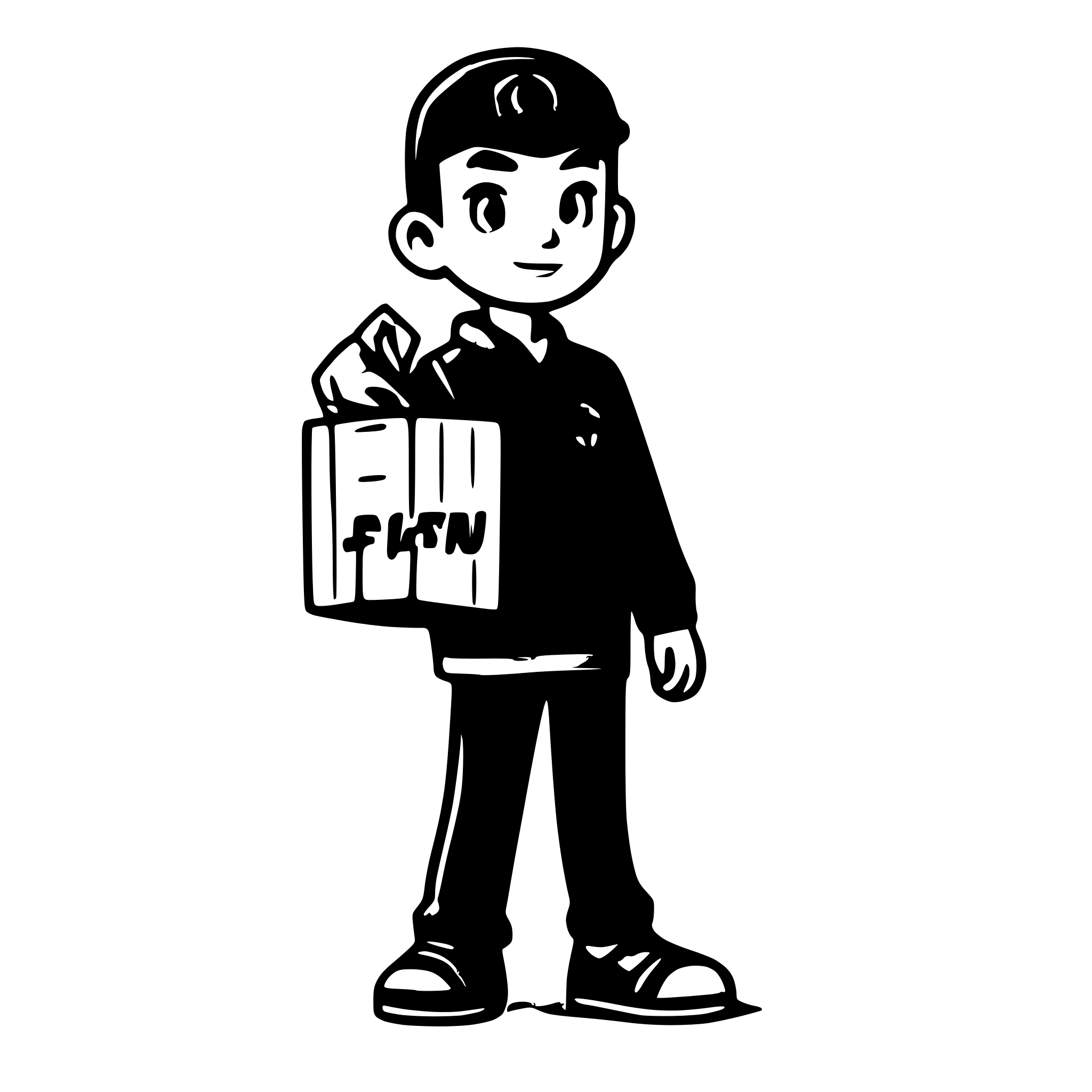 AI-generated SVG of a a cartoon boy,short bearded, wearing a  red  manchester united tracksuit and a yellow cap with the green letters F I U written on it, holding a package