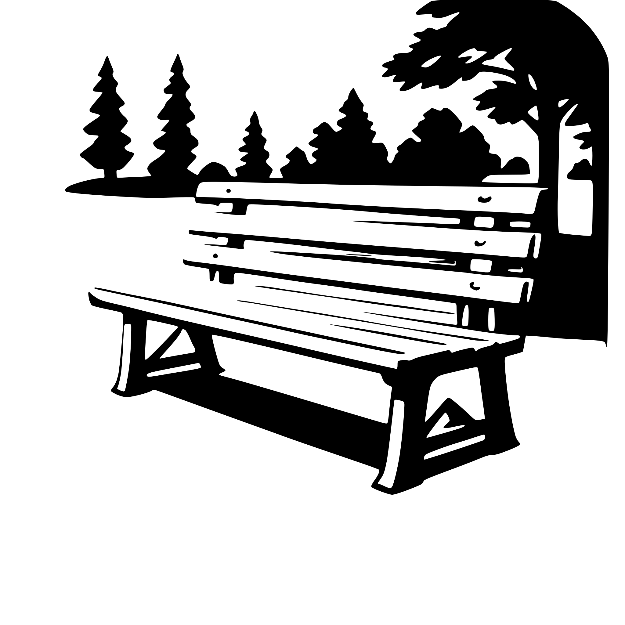 The SVG depicts a simple, stylized scene. There is a wooden park bench with a backrest and armrests, positioned on the left side of the SVG. The bench is set against a background that includes a tree with a visible trunk and a few branches, suggesting a natural setting. The bench is casting a shadow on the ground, indicating that the sun is low in the sky, possibly suggesting either early morning or late afternoon. The overall style is minimalistic and appears to be a vector illustration. 