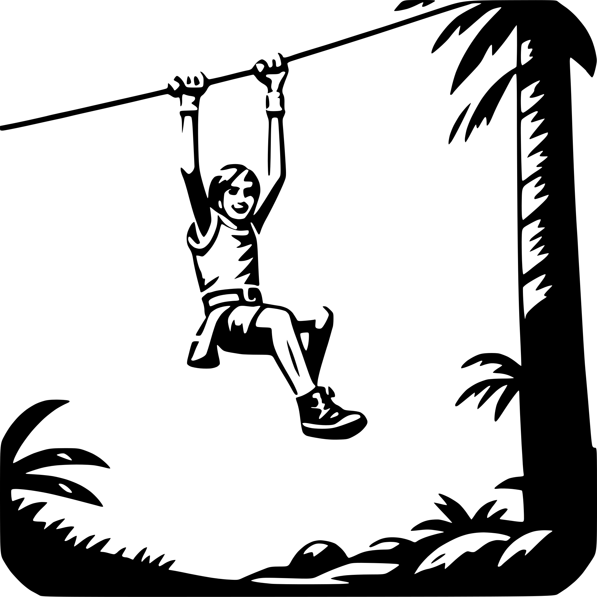 The SVG depicts a stylized black and white illustration of a person engaged in an outdoor activity. The individual is shown in a dynamic pose, hanging from a rope or cable, which is attached to a tree. The person is wearing a harness and appears to be in mid-air, suggesting movement or action. The background features a simplified representation of a natural environment, with palm trees and what seems to be a rocky terrain. The style of the illustration is reminiscent of a comic book or graphic novel, with bold lines and a limited color palette. 