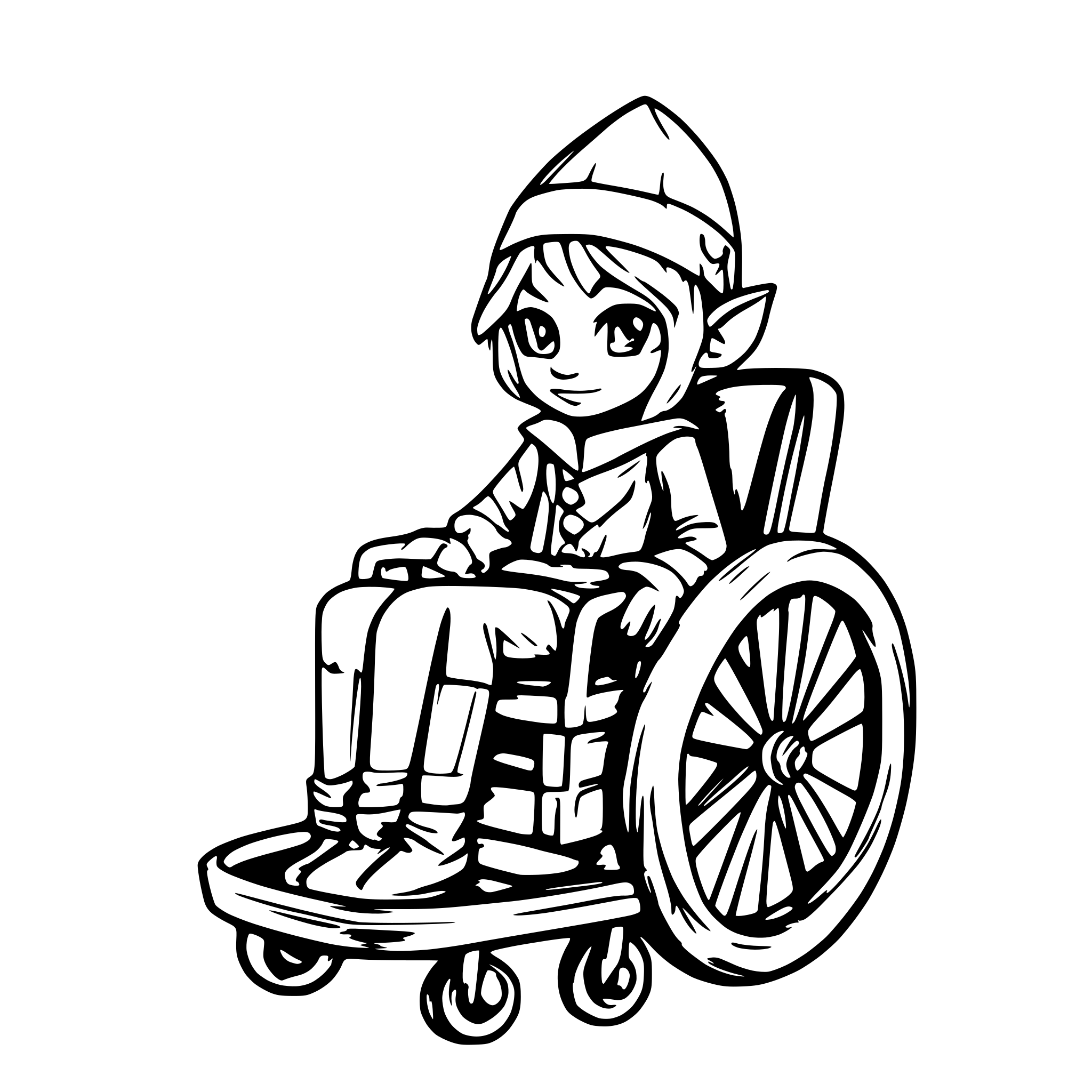 AI-generated SVG of a Boy dressed in elf costume sitting in a custom wheelchair nostalgic