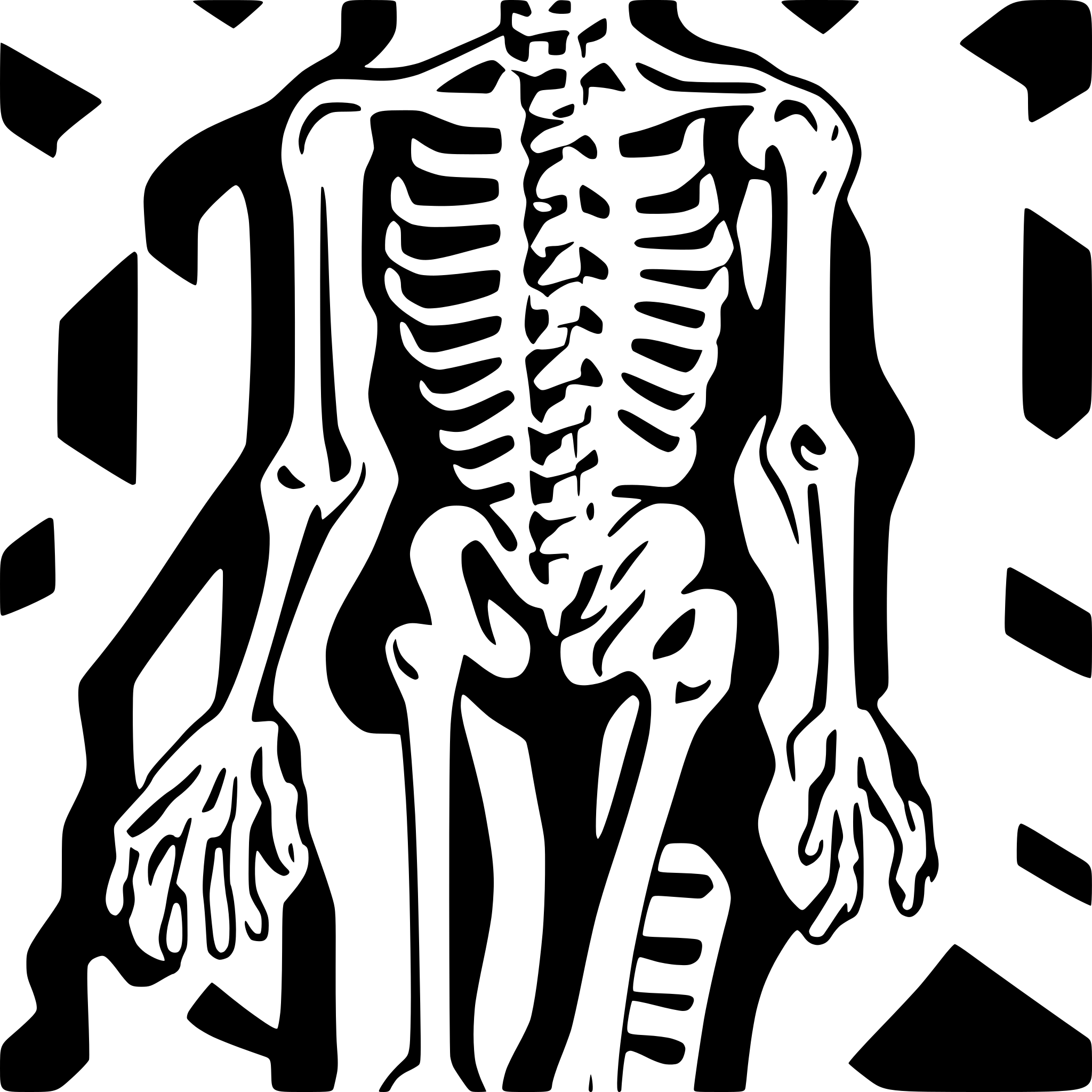 AI-generated SVG of a Generate an SVG of a full-body human skeleton with articulated limbs and hands in minimalist line art.