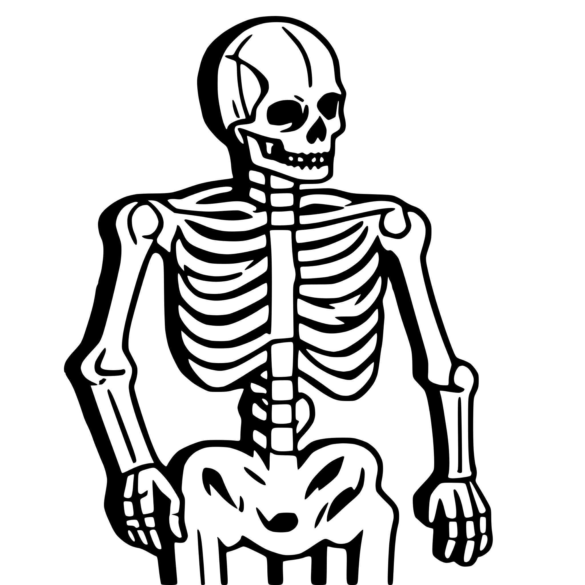 AI-generated SVG of a Generate an SVG of a full-body human skeleton with articulated limbs and hands in minimalist line art.