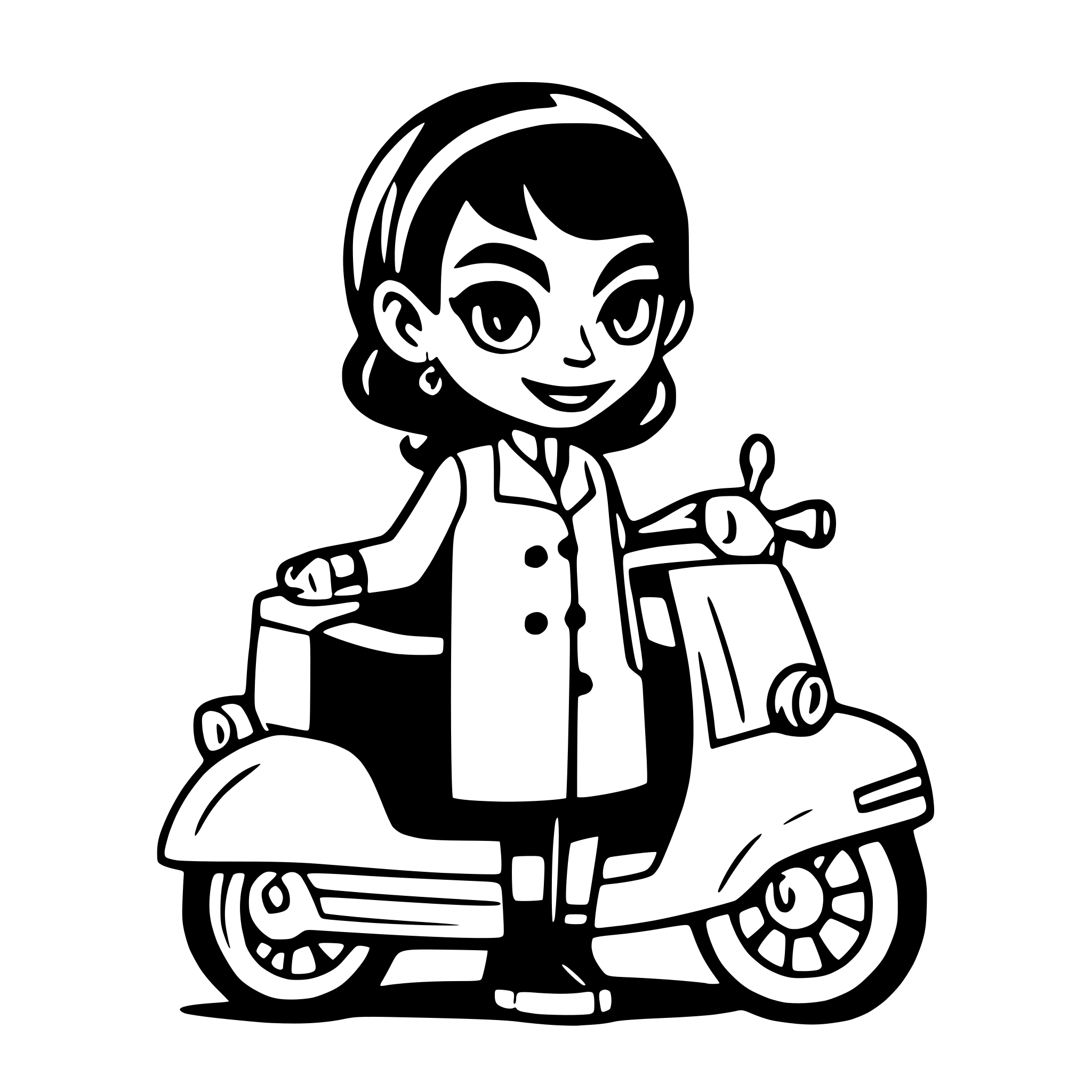 AI-generated SVG of a Short hairs colored black women on a vespa