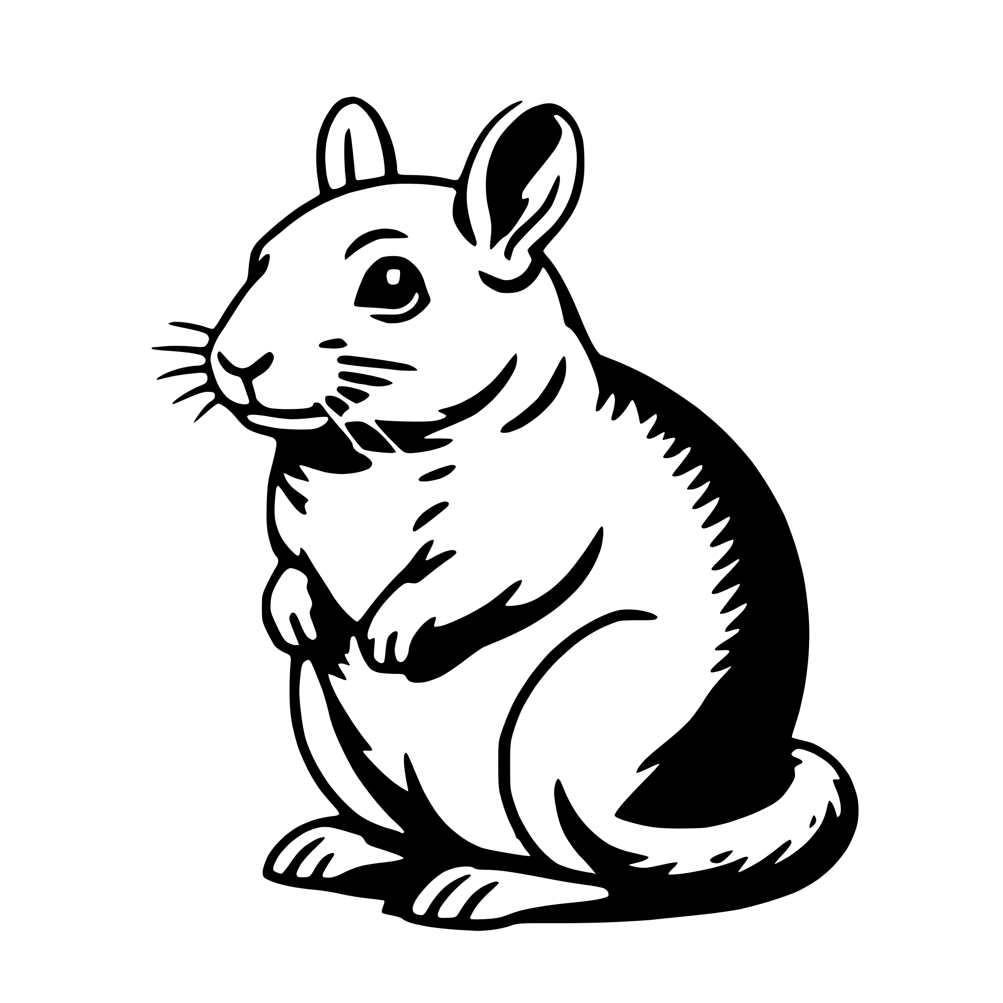 The SVG depicts a stylized, cartoon-like depiction of a chinchilla. The chinchilla is sitting upright on its hind legs, with its front paws resting on its chest. It has large, round eyes and a small, pointed nose. The chinchilla's fur appears to be a solid color, and it has a simple, outline-style drawing with no shading or detailing. The chinchilla is the central figure in the SVG, and there are no other objects or interactions depicted. 