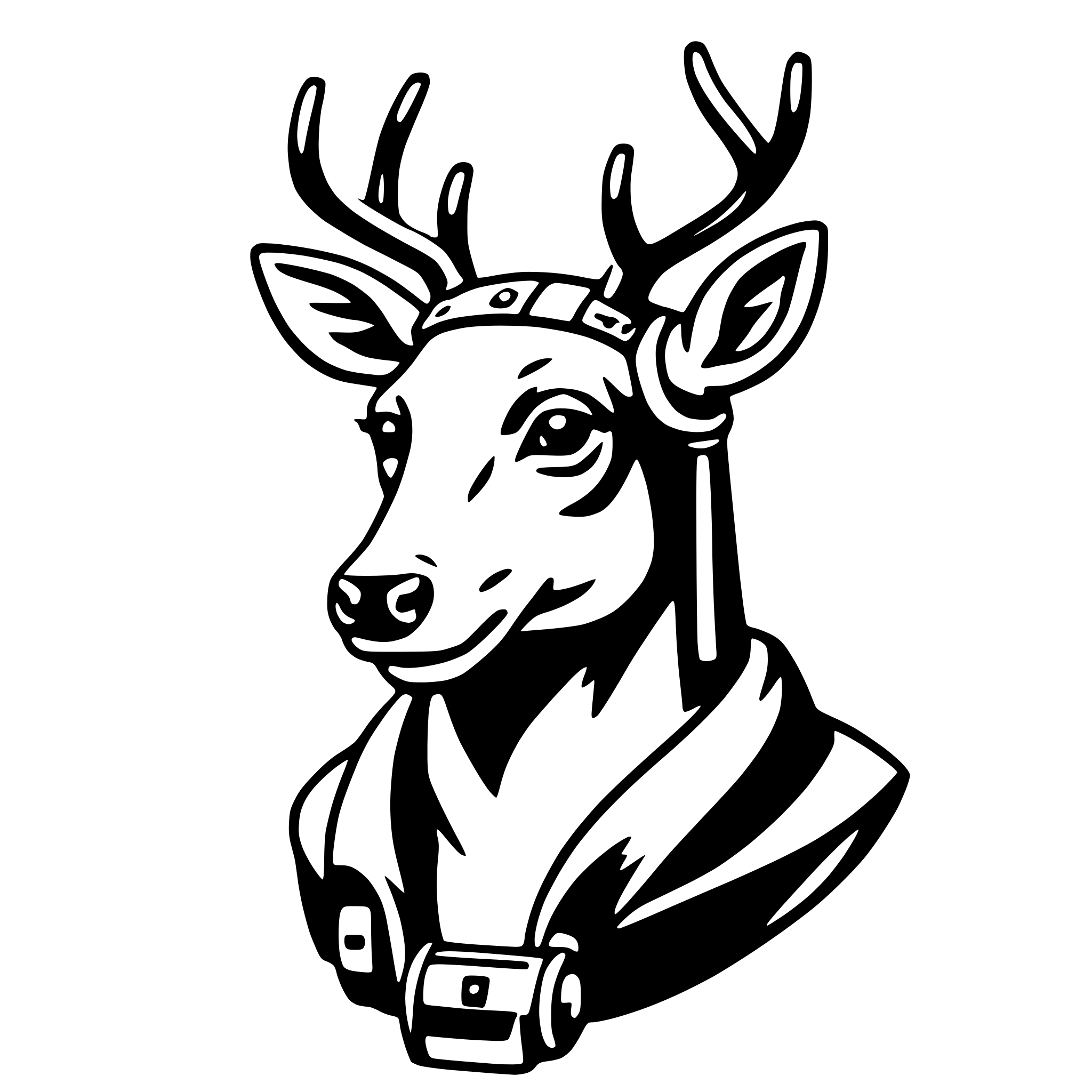 The SVG depicts a stylized, cartoon-like depiction of a deer's head. The deer has large, expressive eyes, a small, pointed nose, and a pair of antlers that extend from the top of its head. It is wearing a collar with a bell, suggesting it might be a pet or a character in a story. The deer's ears are alert and pointed upwards. The SVG is simple and uses solid lines and shapes to convey the subject. 