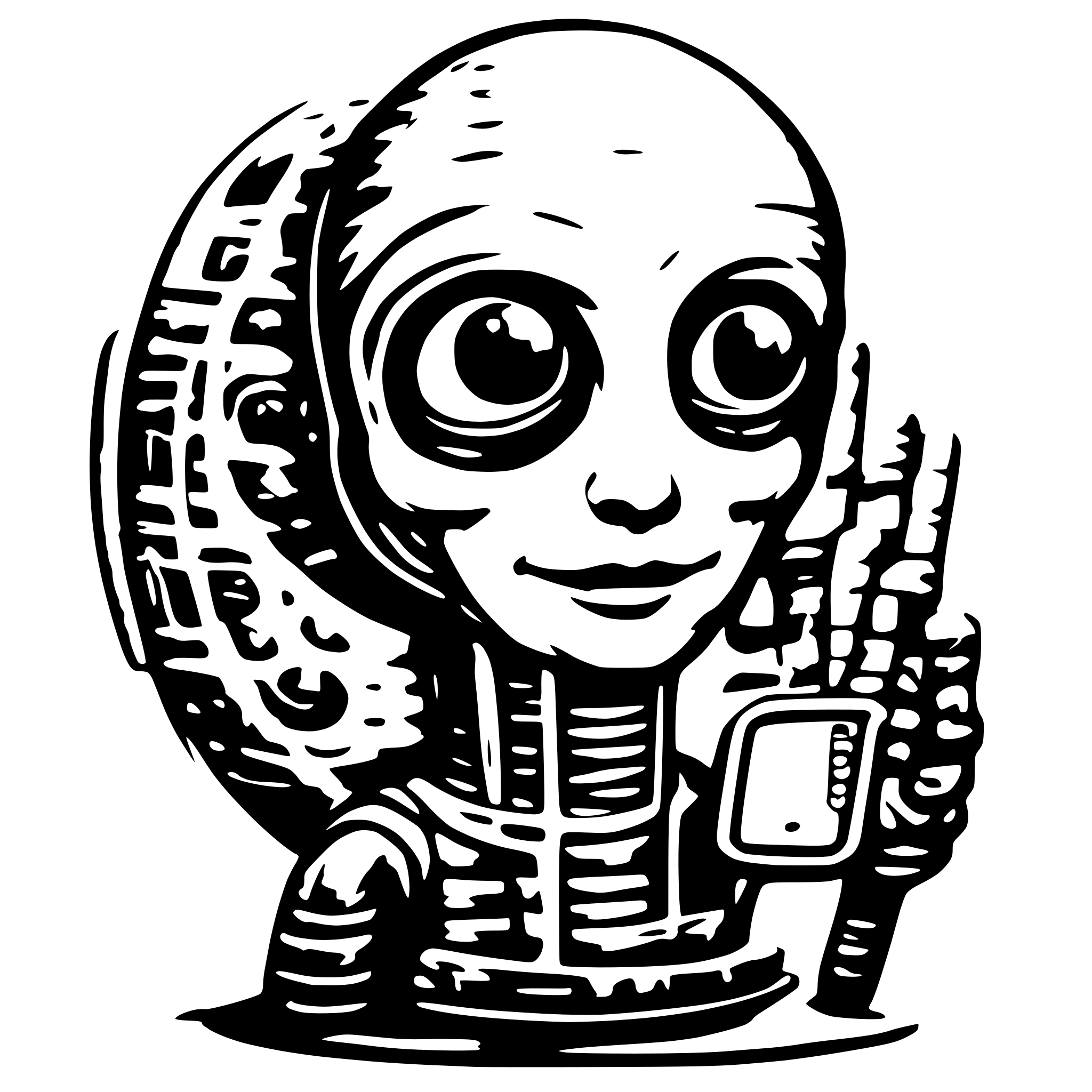 AI-generated SVG of 'friendly alien with smartphone'