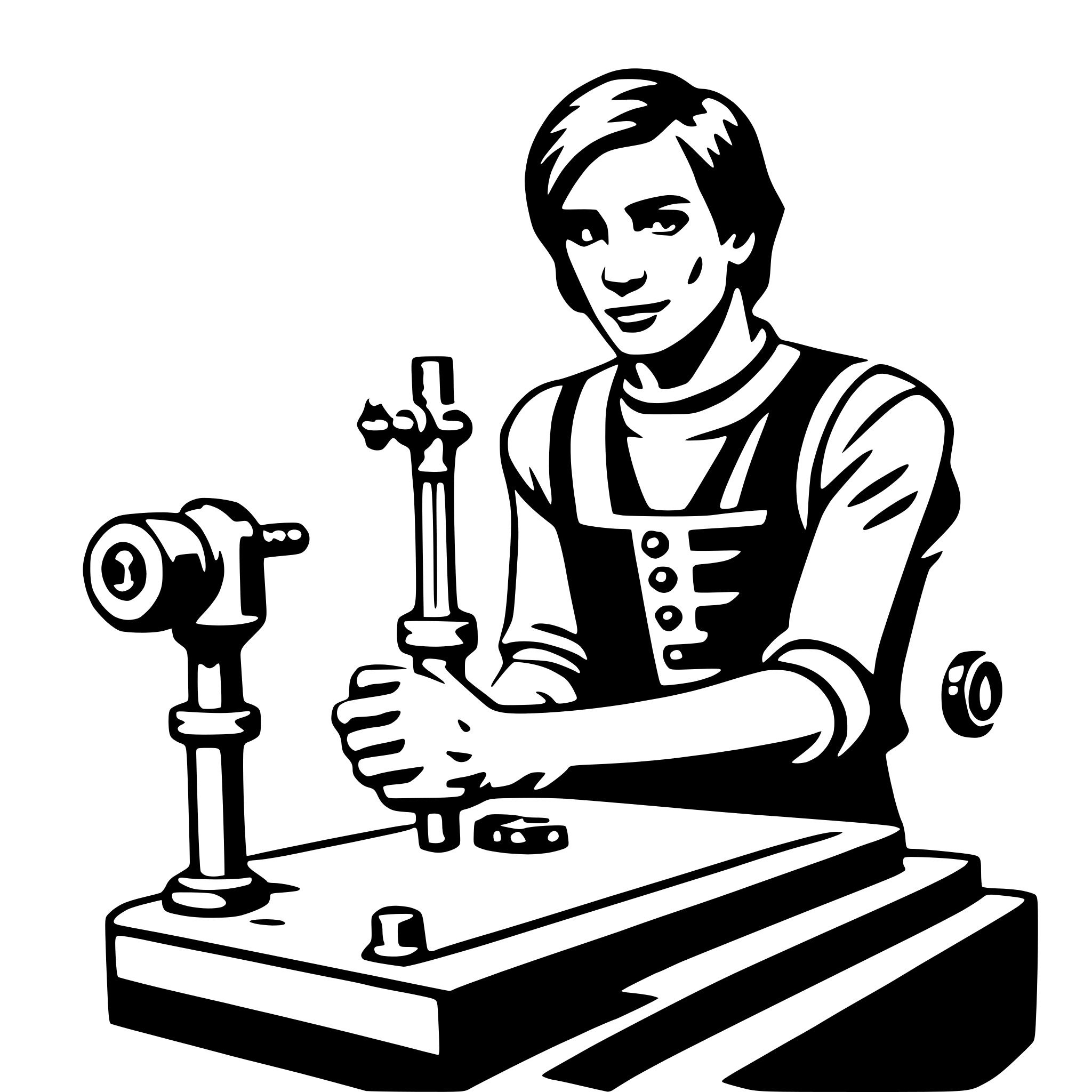 The SVG depicts a stylized black and white illustration of a person working at a workbench. The individual appears to be a craftsman or mechanic, as suggested by the tools and equipment present. The person is holding a wrench in their right hand, which is positioned over a metal object on the workbench. The workbench itself has a vice on the left side, and there is a circular object, possibly a pulley or a wheel, on the right side. The person is wearing a vest with buttons and a collar, which is typical attire for a tradesperson. The overall scene suggests a setting where mechanical work or repairs are being performed. 