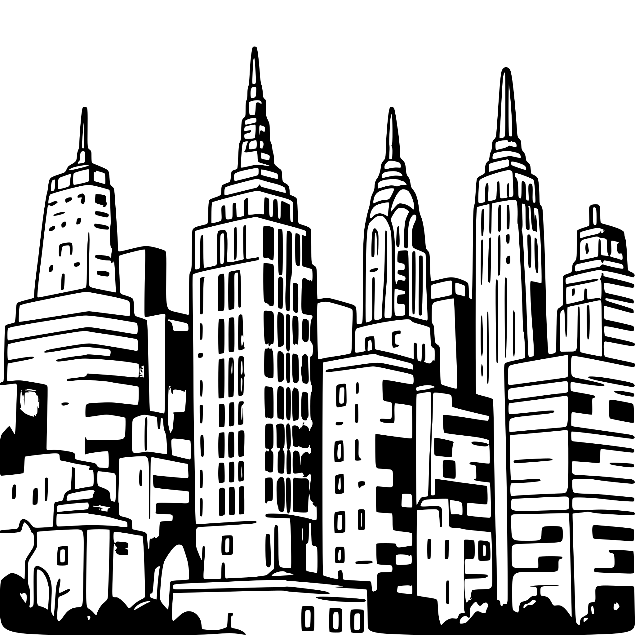AI-generated SVG of a “Minimal‑line, monochrome night illustration of the New York City skyline. Two iconic towers dominate: the Empire State Building on the left and the Chrysler Building on the right, each rendered in thin, precise outlines and dark‑gray shading. Around them, mid‑rise rectangular buildings fill the lower half of the frame, their window grids drawn in the same subdued gray. The sky is nearly black with a very subtle vertical gradient, containing only a few tiny plus‑shaped stars and faint cloud silh