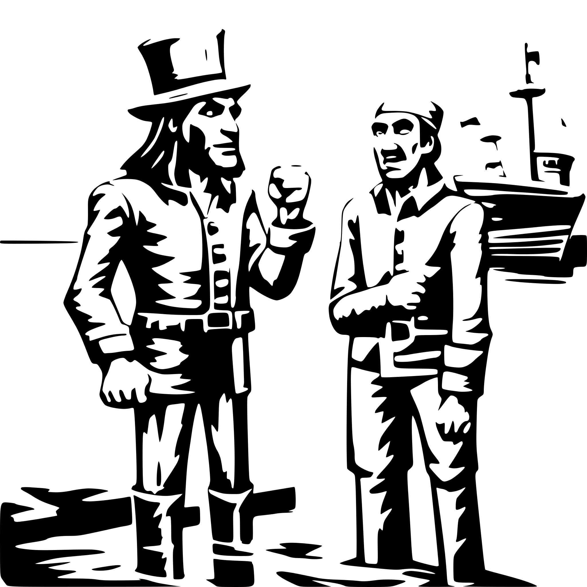 AI-generated SVG of 'Two burly men wearing hats, standing on a river dock and arguing over a small ship, each of them clenching their fists and claiming the ship as theirs, the ship is in full view, fun graffiti style'