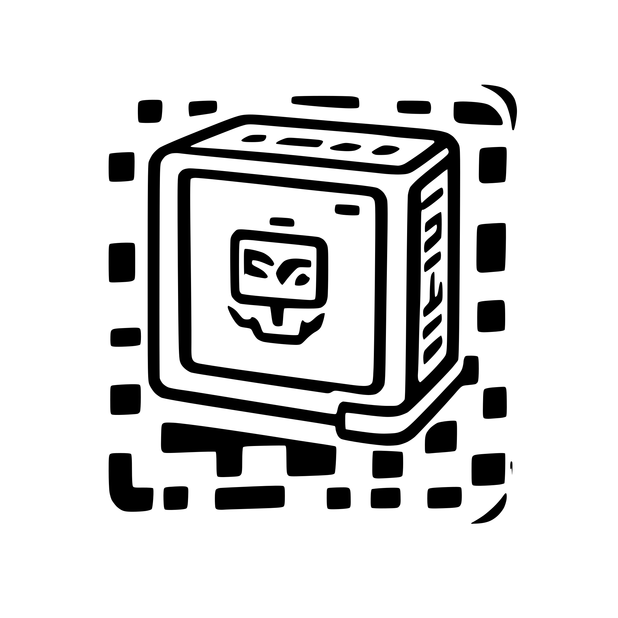 AI-generated SVG of 'a box open at the top without lid with serveral denture models and pieces of pater. on the front a sticker with a qr code'
