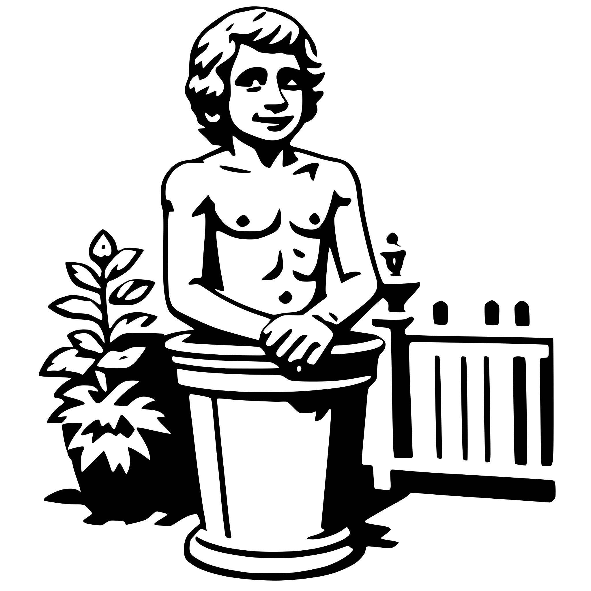 The SVG depicts a stylized line drawing of a young man sitting on a pot. He is shirtless and has short hair. To his right, there is a small plant with leaves, and to his left, there is a simple fence or barrier. The man is smiling and appears to be relaxed. The overall style is minimalistic and cartoonish. 
