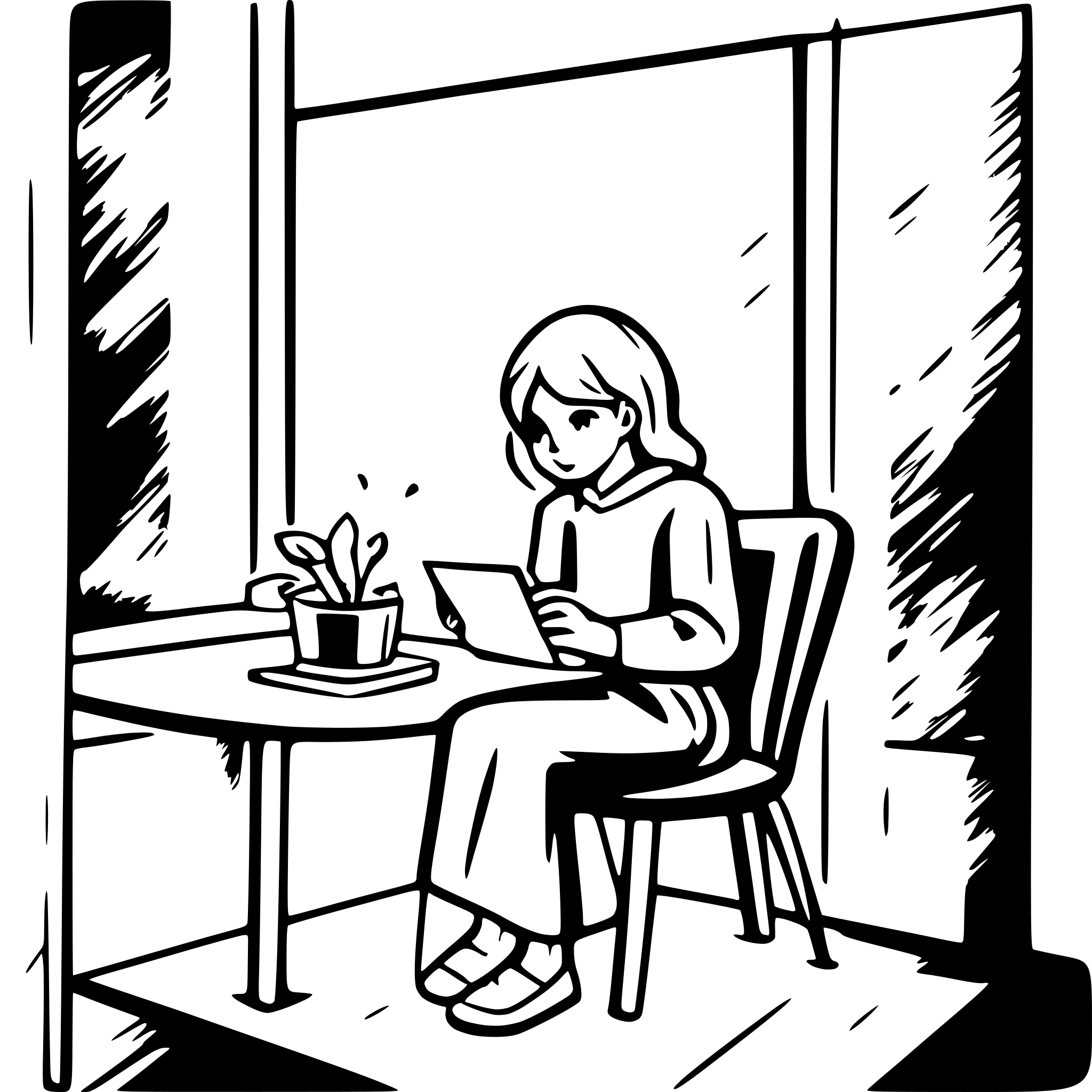 AI-generated SVG of a A gender-neutral person sits by a window, reading a small card. The scene is minimal with no view beyond the window. The content of the card remains unseen.