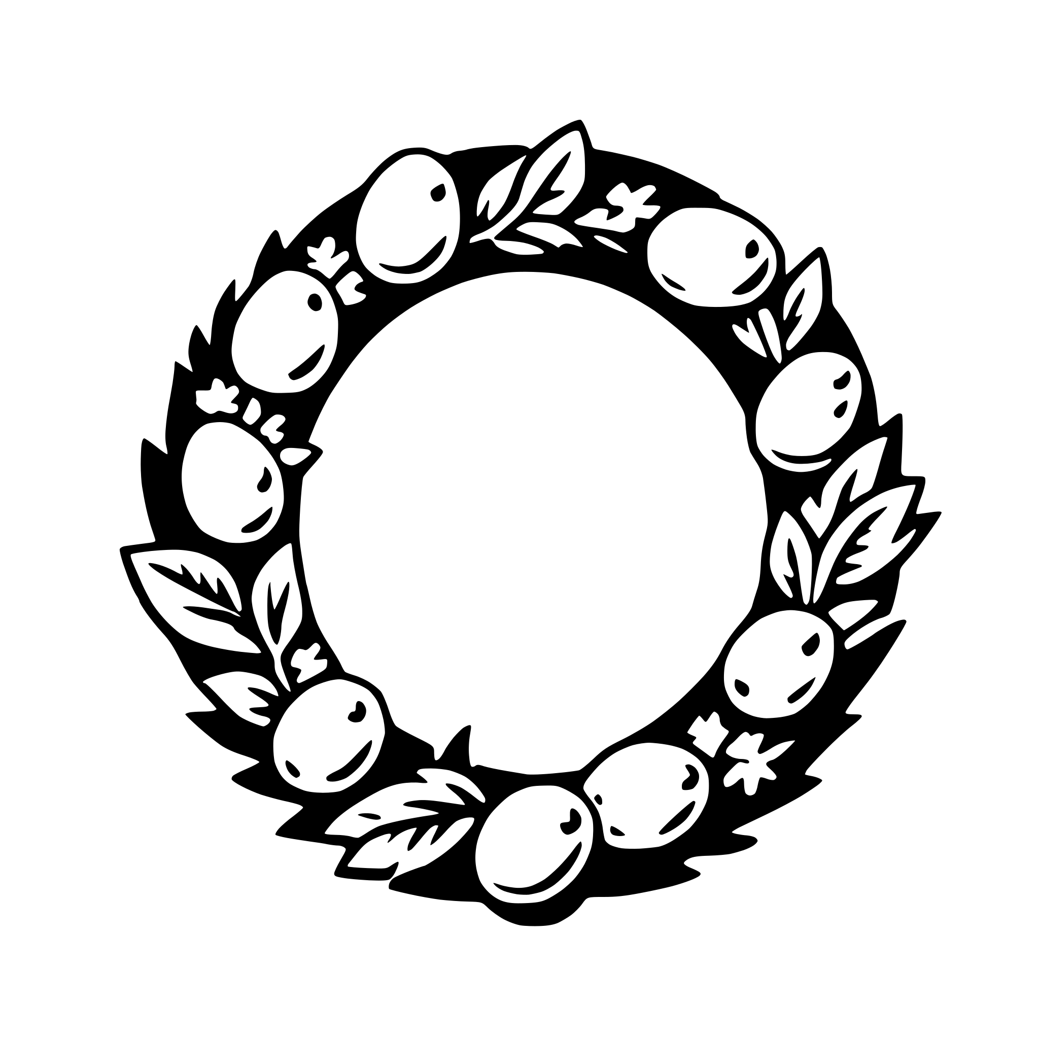 The SVG displays a circular wreath with a central hole. The wreath is composed of a series of leaves and berries arranged in a symmetrical pattern around the circumference of the circle. The leaves are depicted with a simple outline, and the berries are shown with a more detailed outline, suggesting a textured surface. The overall style of the SVG is minimalistic and graphic, with a clear emphasis on the organic shapes of the leaves and berries. 